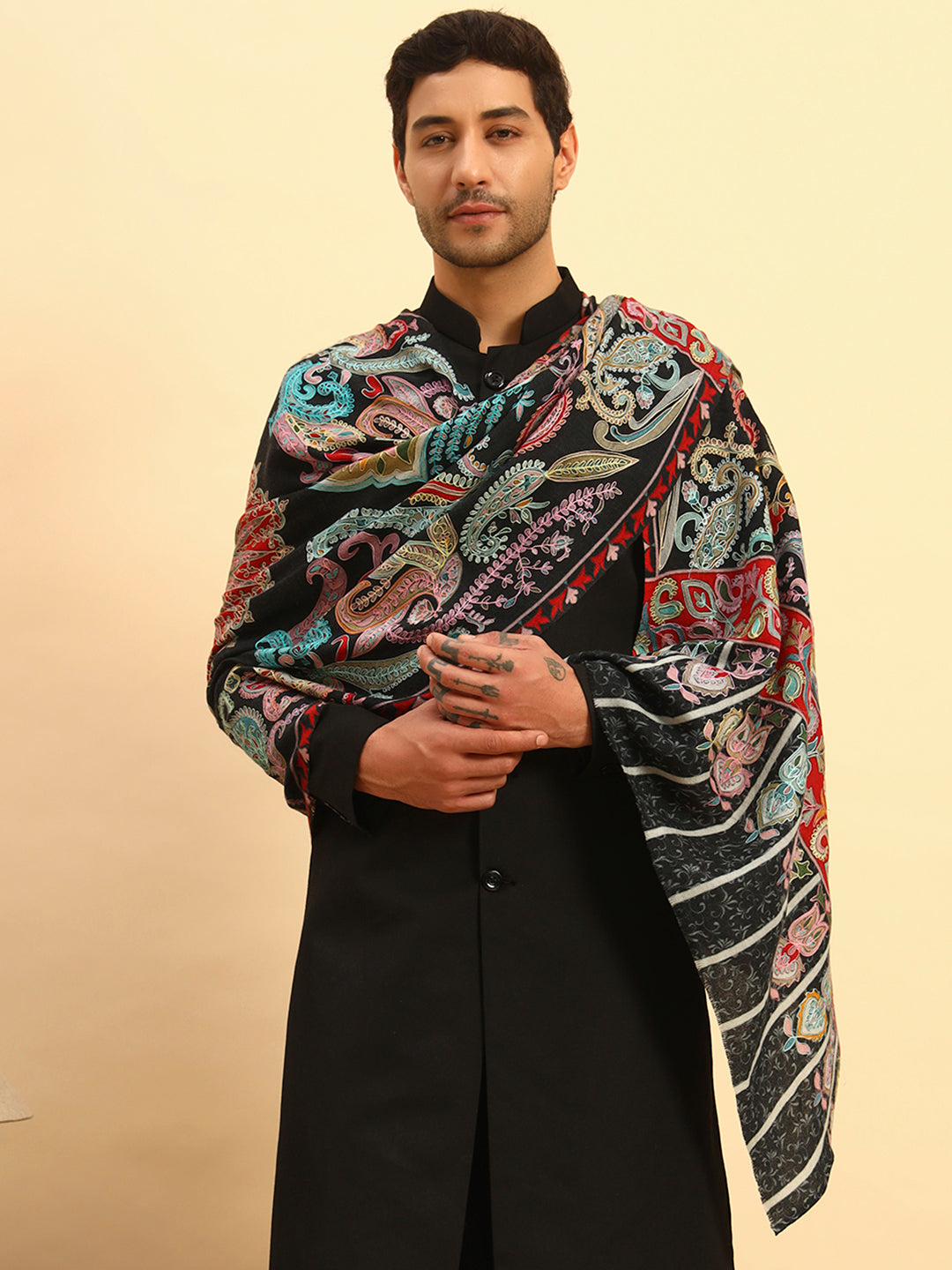 Pashmoda Men Saahtaar 100% Pure Wool Fabric Kalamkari Embroidered Stole (Size:71x203cm)