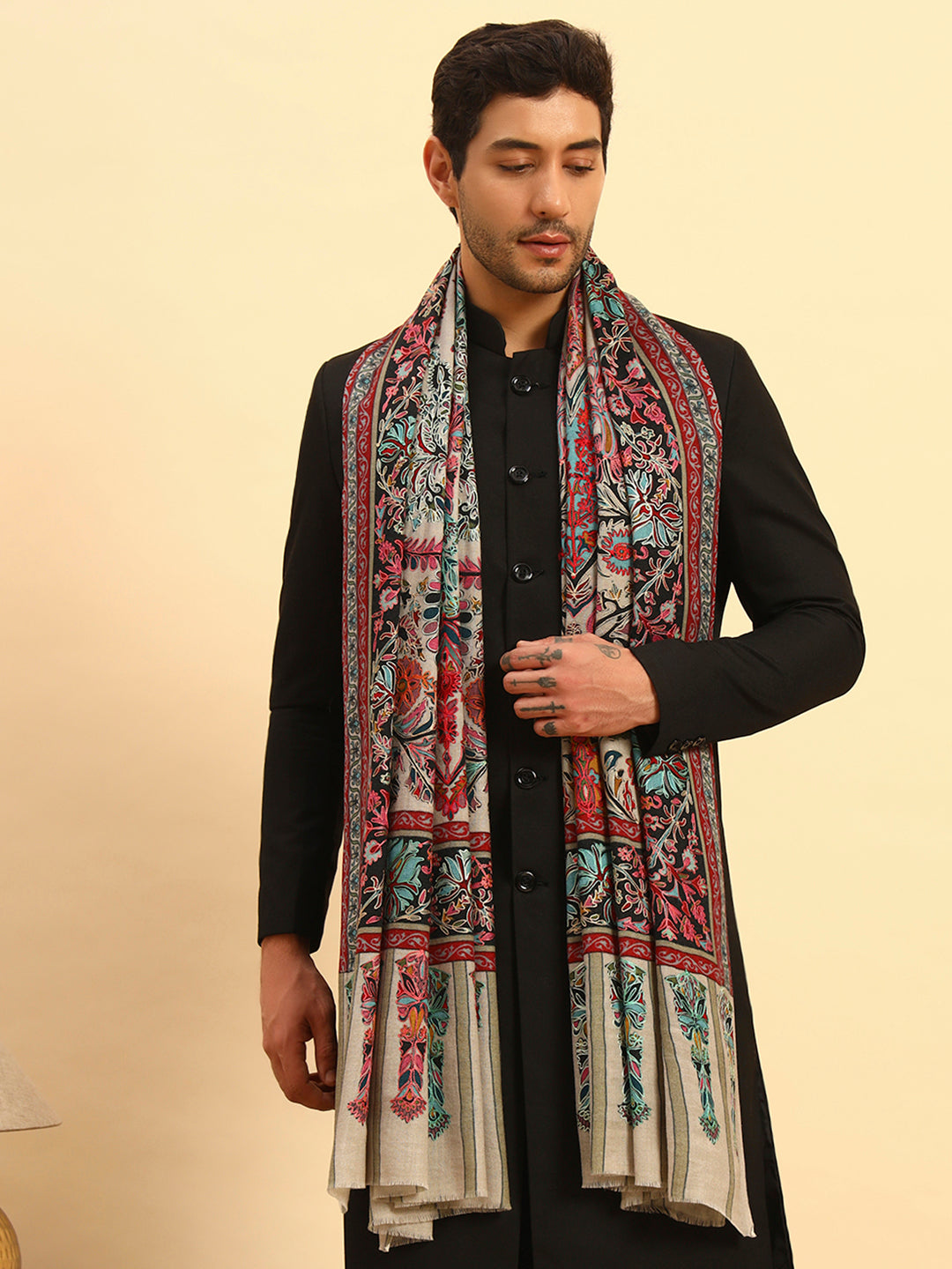 Pashmoda Men Rangkalam 100% Pure Wool Fabric Kalamkari Embroidered Shawl (Size: 101x203 CM)