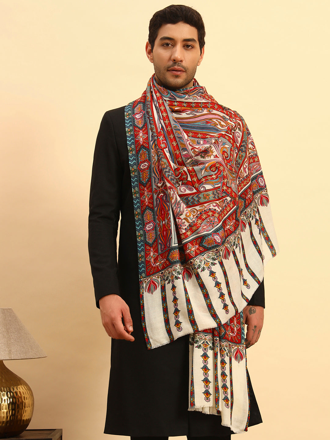 Pashmoda Men Rangrez Rangkalam 100% Pure Wool Fabric Kalamkari Embroidered Shawl (Size: 101x203 CM)