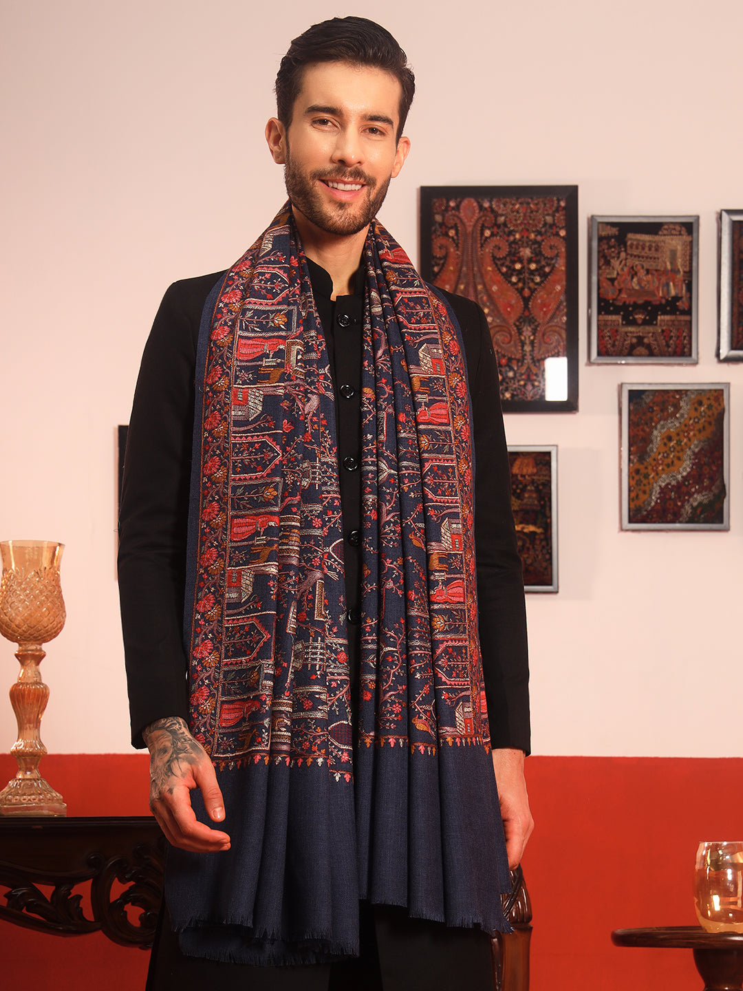 Pashmoda Men Arwina 100% Pure Wool Sozni Hand Embroidered Shawl (Size: 101x203 Cm)