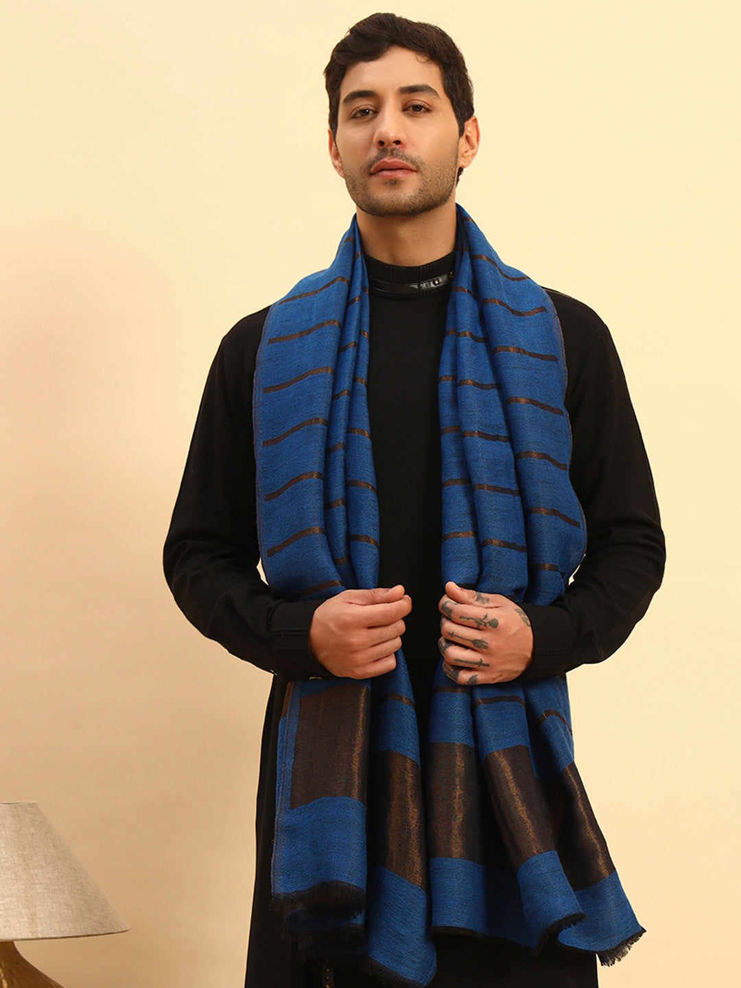 Pashmoda Men Parallel Grace Reversible Zari Moonlight Fine Wool Stole (Size: 71x203 Cm)