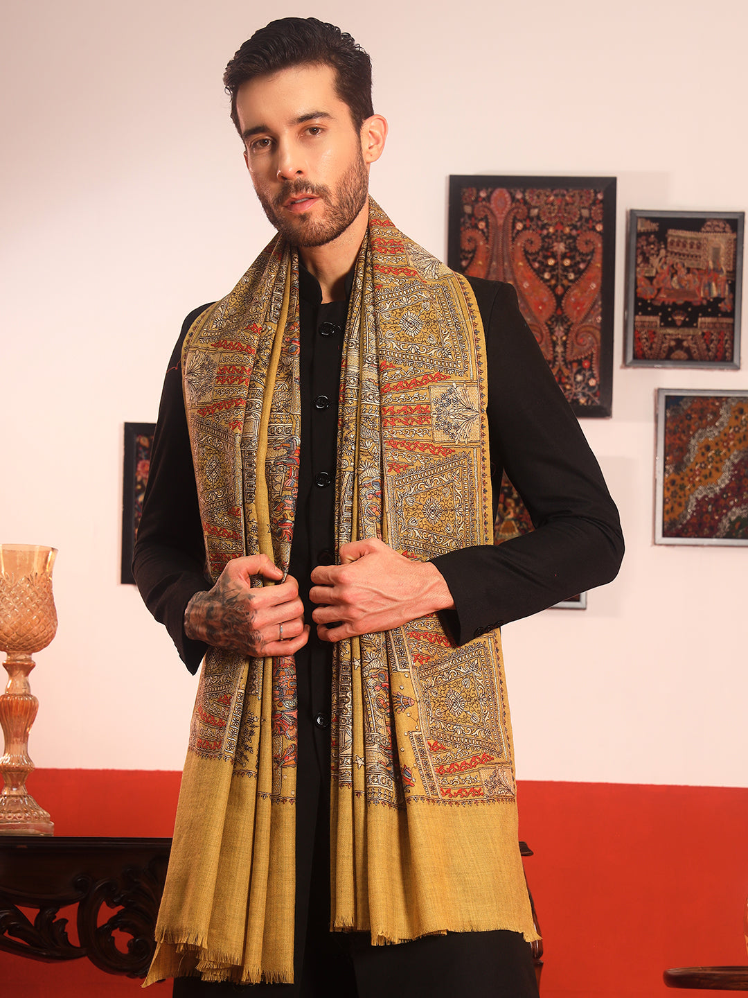 Pashmoda Men Zavian 100% Pure Wool Sozni Hand Embroidered Shawl (Size: 101x203 CM)