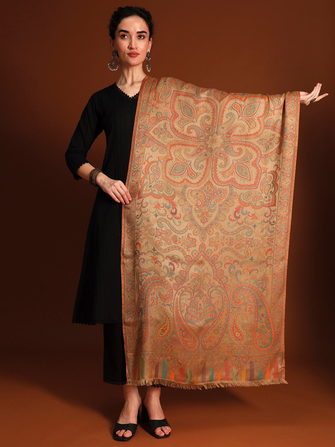 Pashmoda Imperial Ambi Kaani Stole for Women, Wool Blend Pashmina Style Shawl Wrap, Traditional Kashmiri Jamawar Woven Design, Luxury Evening & Festive Scarf (28 x 80 Inches)