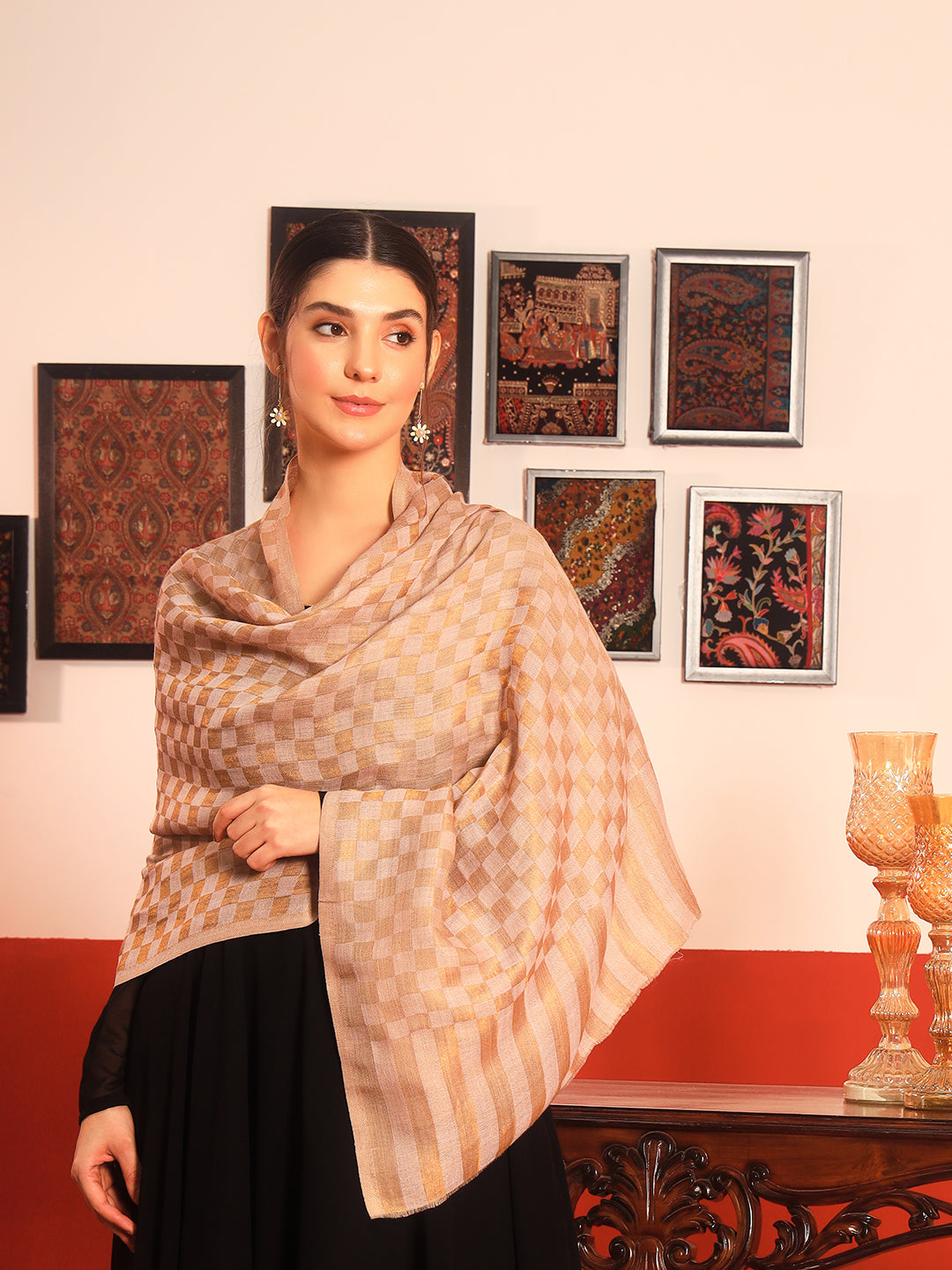 Pashmoda Women Champagne Check Reversible Zari Moonlight Fine Wool Stole (Size: 71x203 Cm)