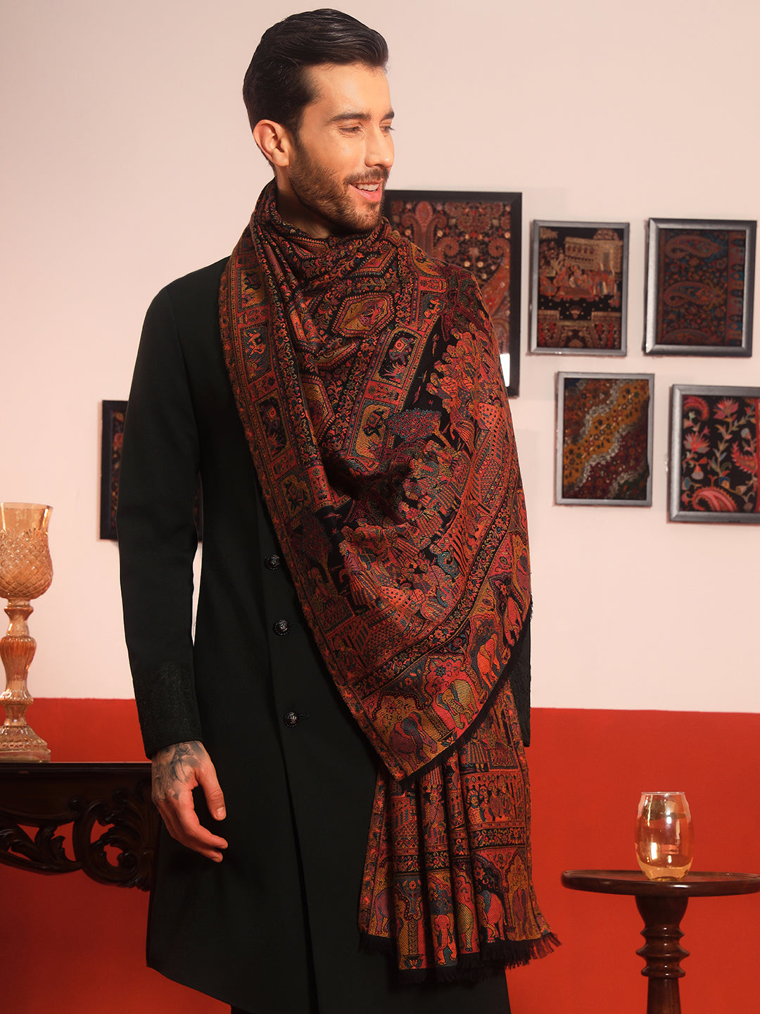 Pashmoda Men Darbari Kaani Wool Blend Kashmiri Shawl (Size: 101X203 CM)