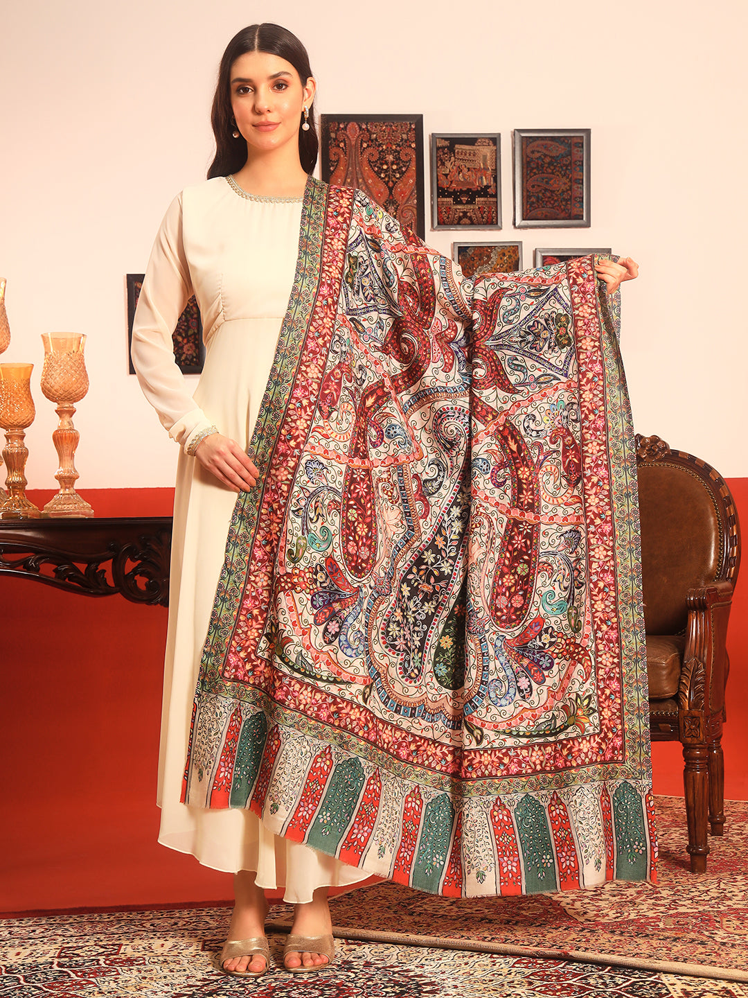 Pashmoda Women Naqshkaar Fine Wool Fabric Pashmina Kalamkari Embroidered Shawl (Size: 101x203 CM)