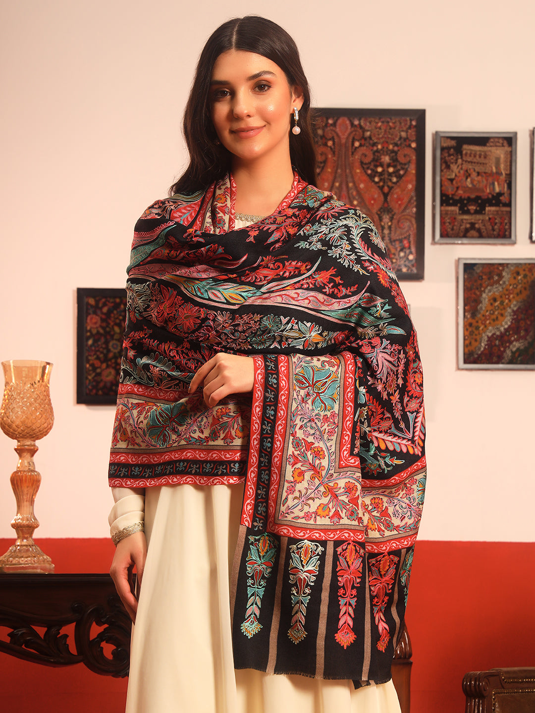 Pashmoda Women Rangkalam 100% Pure Wool Fabric Kalamkari Embroidered Shawl (Size: 101x203 CM)