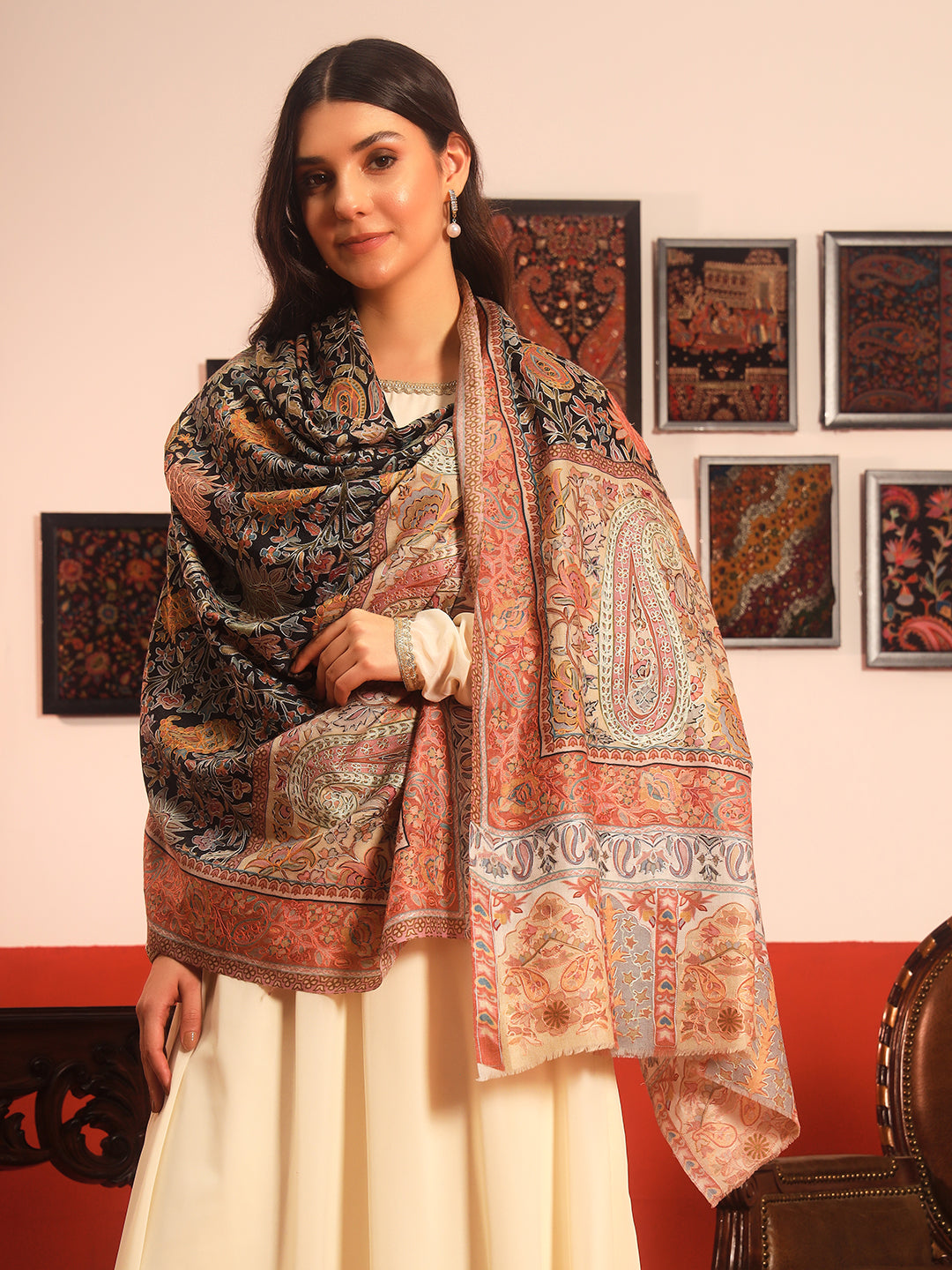 Pashmoda Women Guldasta Fine Wool Fabric Pashmina Kalamkari Embroidered Shawl (Size: 101x203 CM)