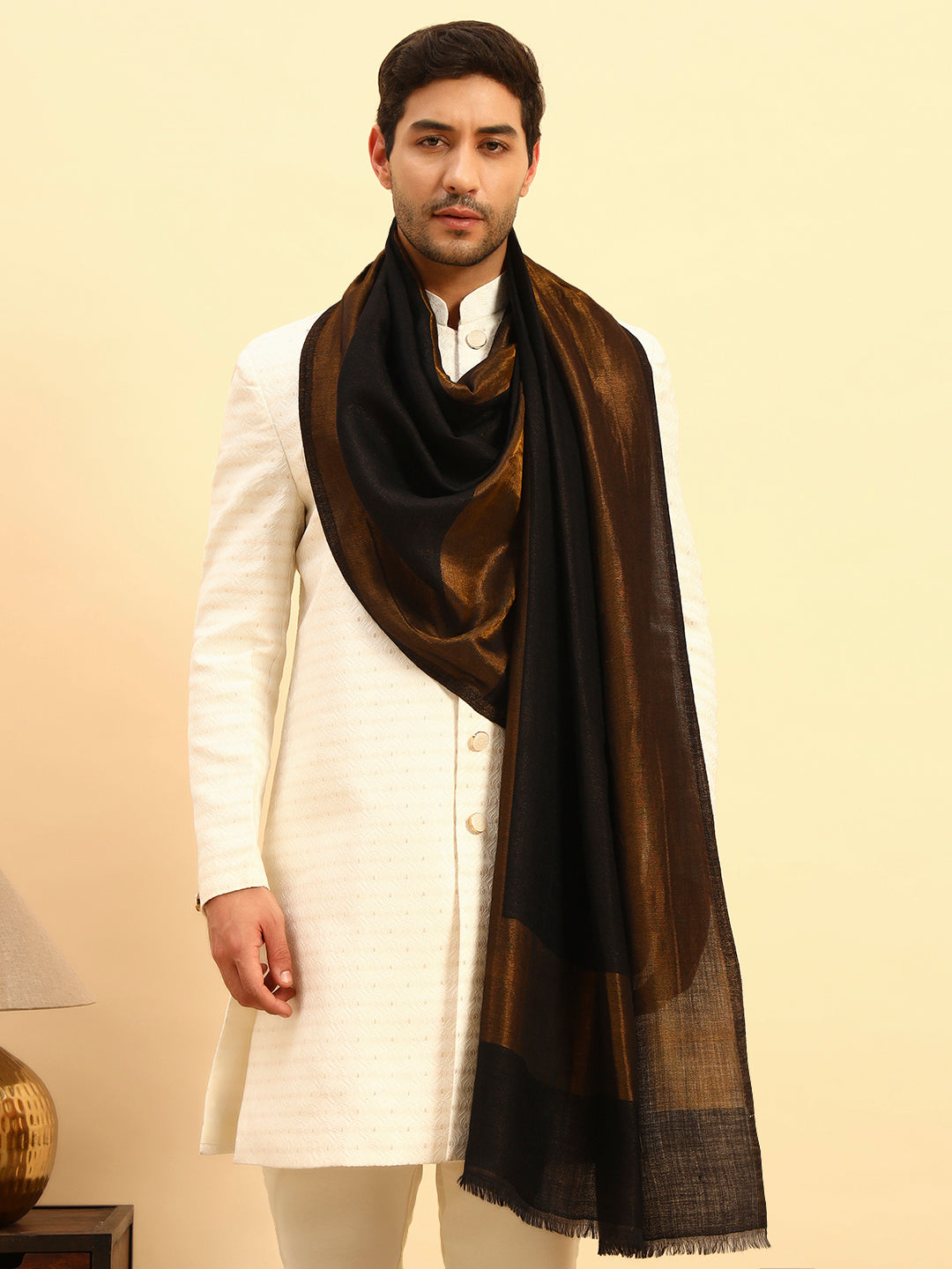 Pashmoda Men Midnight Bronze Reversible Zari Moonlight Fine Wool Stole (Size: 71x203 Cm)