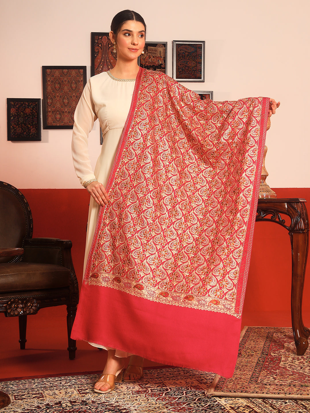 Pashmoda Women Kashish Fine Wool Nalki Embroidered Stole (Size : 71X203 CM)