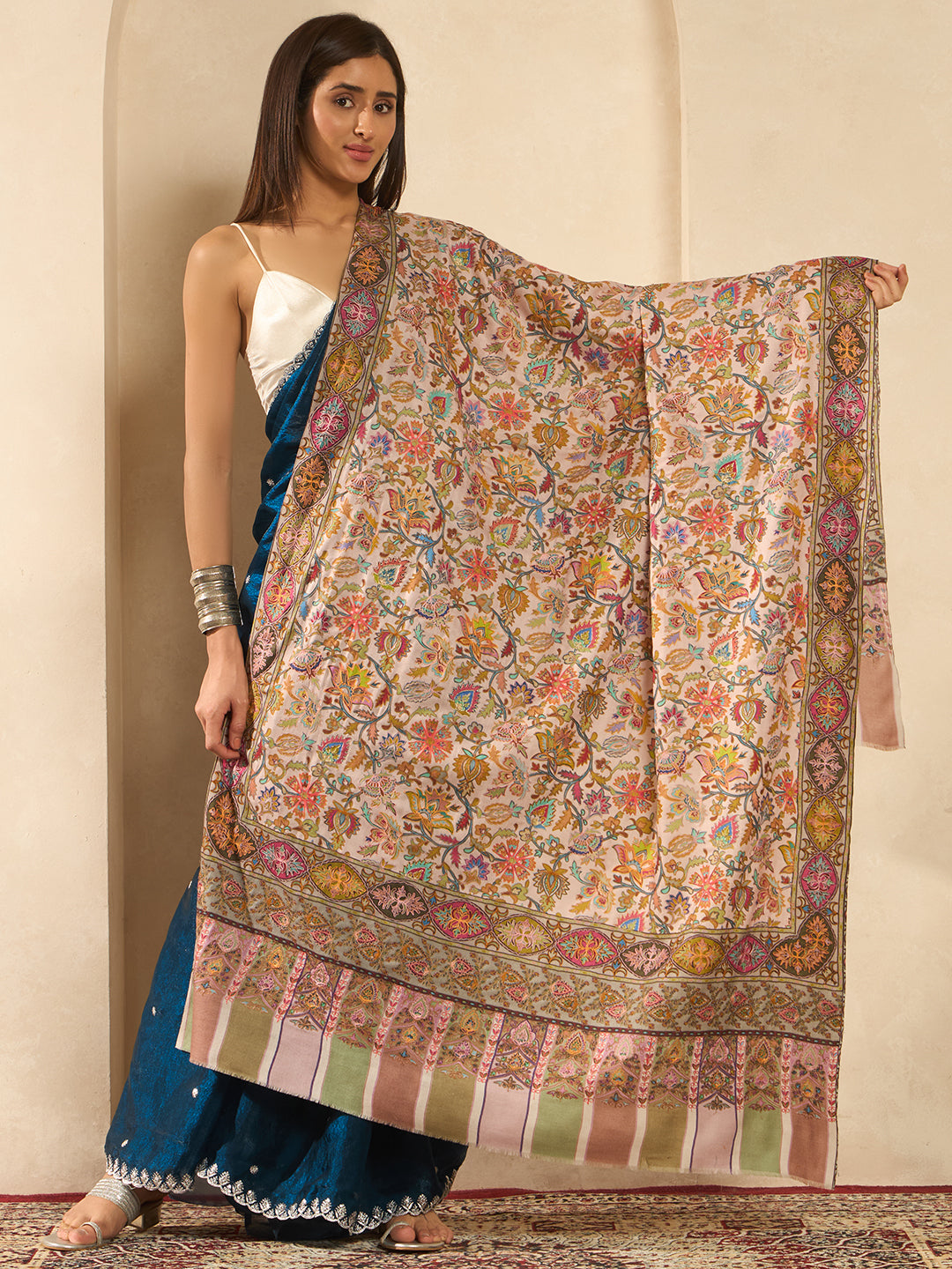 Women Firdaus Fine Wool Fabric Kalamkari Embroidered Shawl