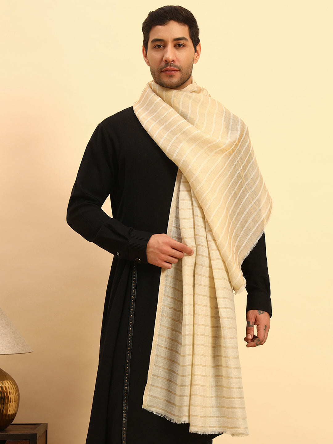 Pashmoda Men Golden Mirage Reversible Zari Moonlight Fine Wool Stole (Size: 71x203 Cm)
