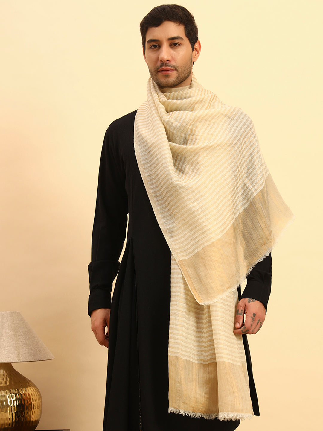 Pashmoda Men Golden Eclipse Reversible Zari Moonlight Fine Wool Stole (Size: 71x203 Cm)