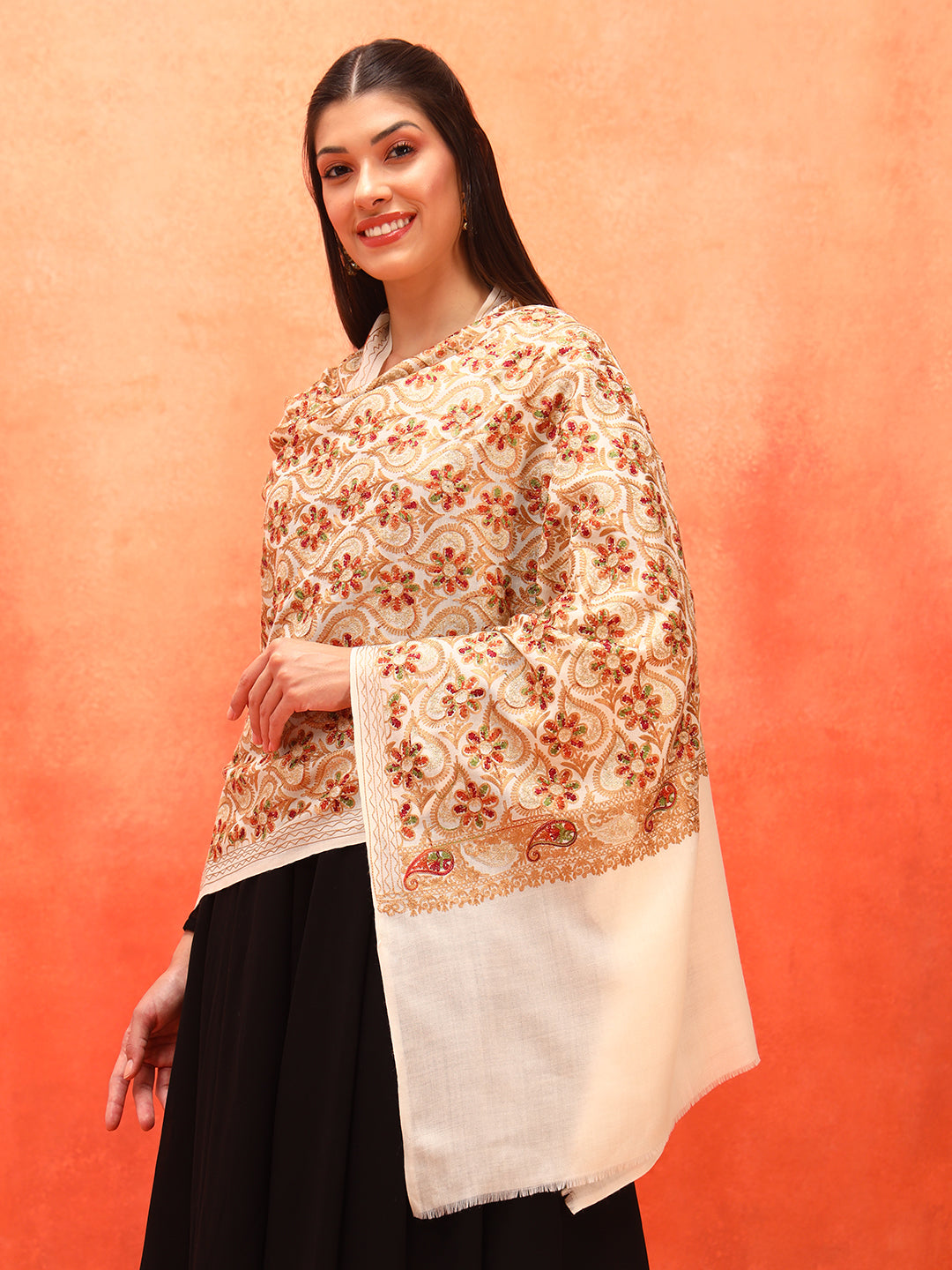 Pashmoda Women Kashish Fine Wool Nalki Embroidered Stole (Size : 71X203 CM)