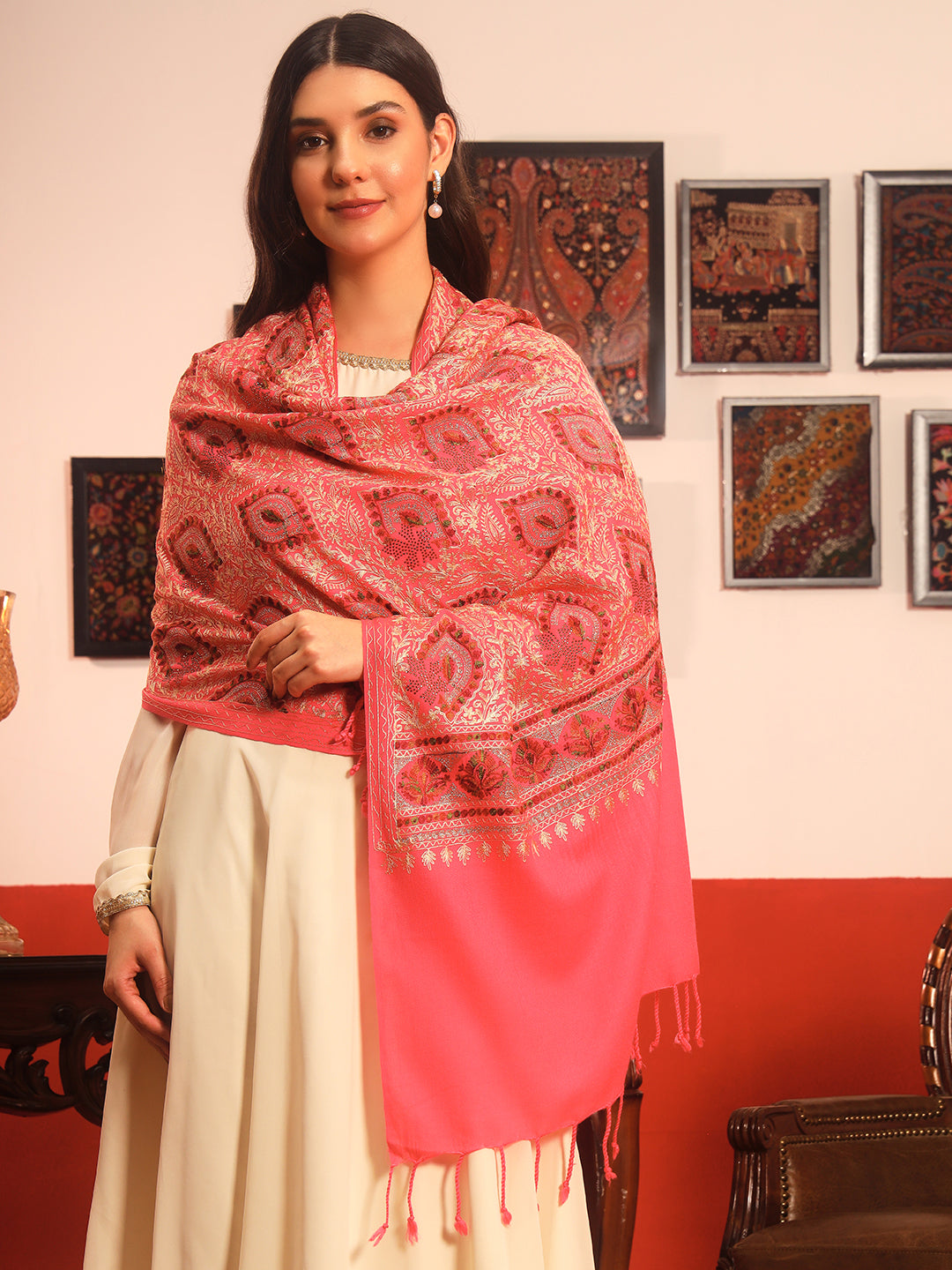 Pashmoda Women Ornate Harmony Fine Wool Nalki Embroidered Stole (Size : 71X203 CM)