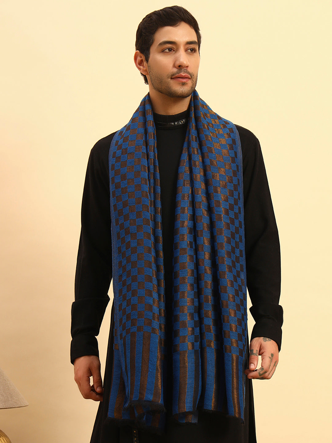 Pashmoda Men Champagne Check Reversible Zari Moonlight Fine Wool Stole (Size: 71x203 Cm)