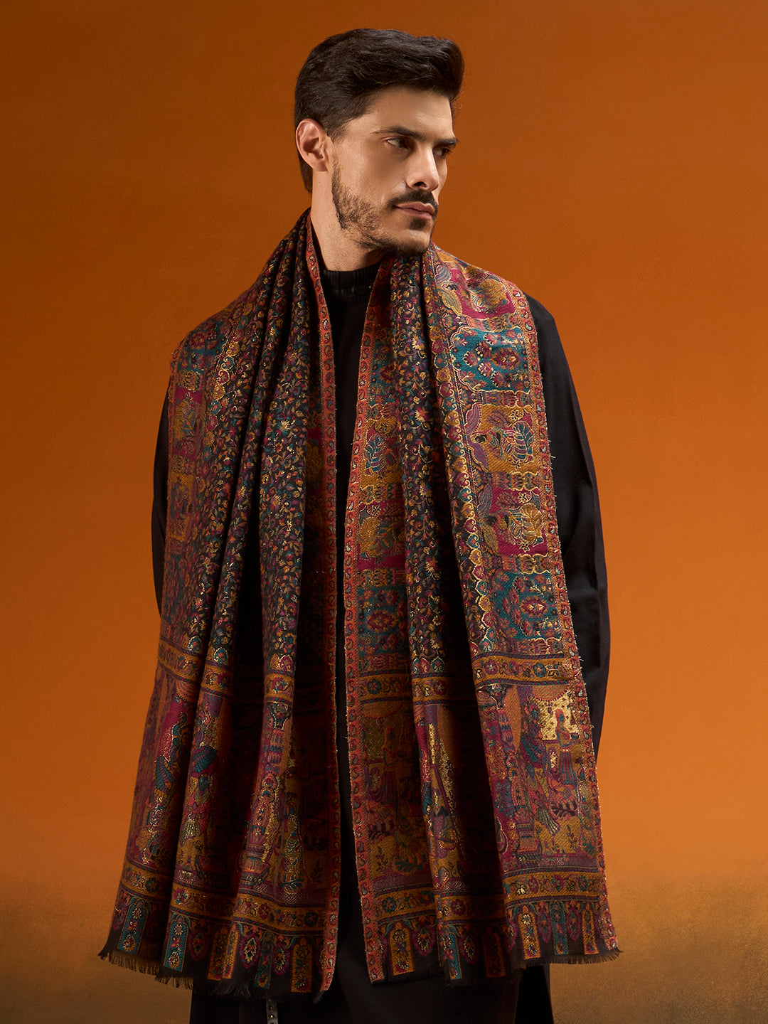 Pashmoda Men Persian Court Kaani Stole, Authentic Kashmiri Pashmina Style Wool Shawl, Gents Lohi Wrap, Traditional Jamawar Woven Design, Black Colour (28 x 80 Inches)