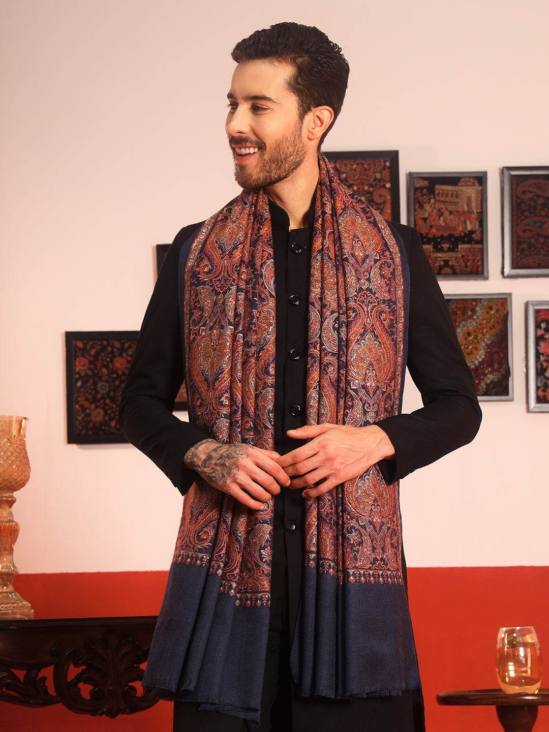 Pashmoda Men Rehnan 100% Pure Wool Sozni Hand Embroidered Shawl (Size: 101x203 Cm)