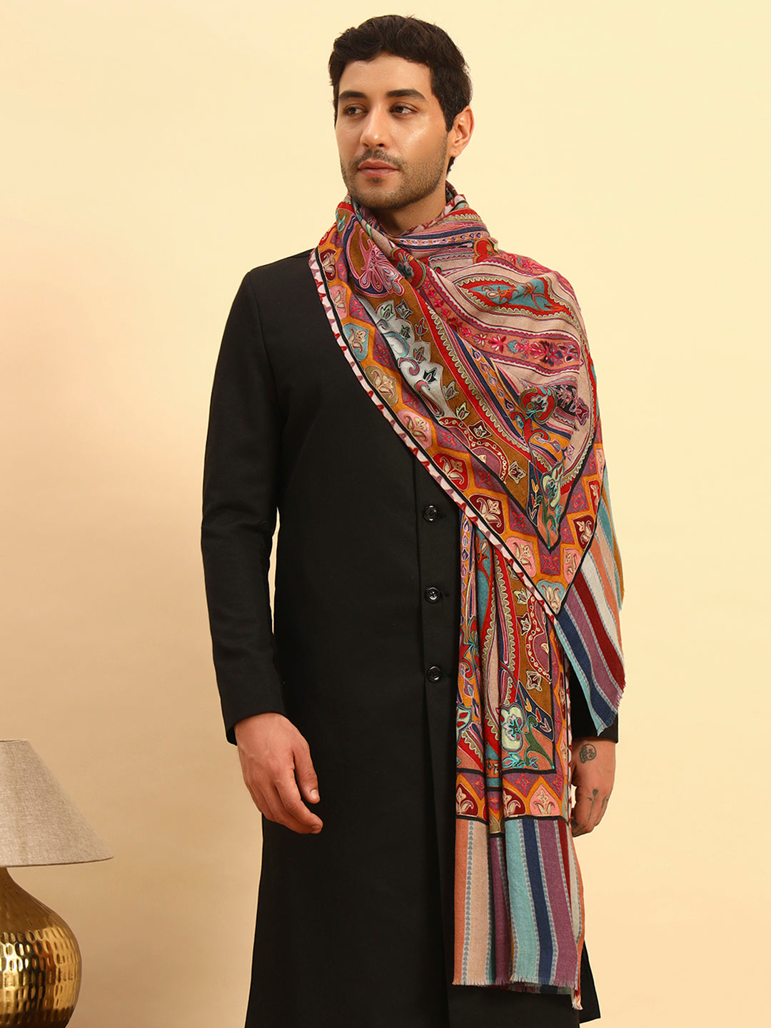 Pashmoda Men Rangdil 100% Pure Wool Fabric Kalamkari Embroidered Stole (Size-28:71x203cm)