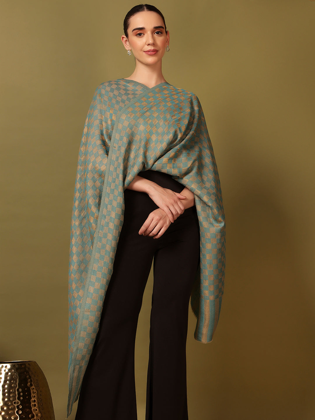 Pashmoda Women Champagne Check Reversible Zari Moonlight Fine Wool Stole (Size: 71x203 Cm)