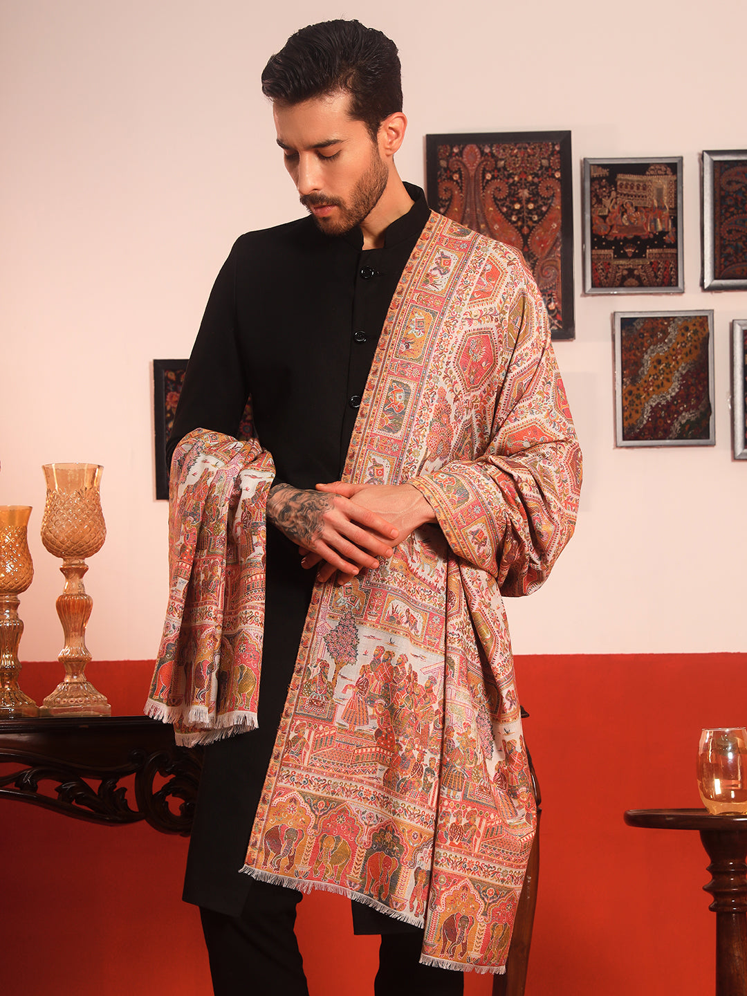 Pashmoda Men Darbari Kaani Wool Blend Kashmiri Shawl (Size: 101X203 CM)
