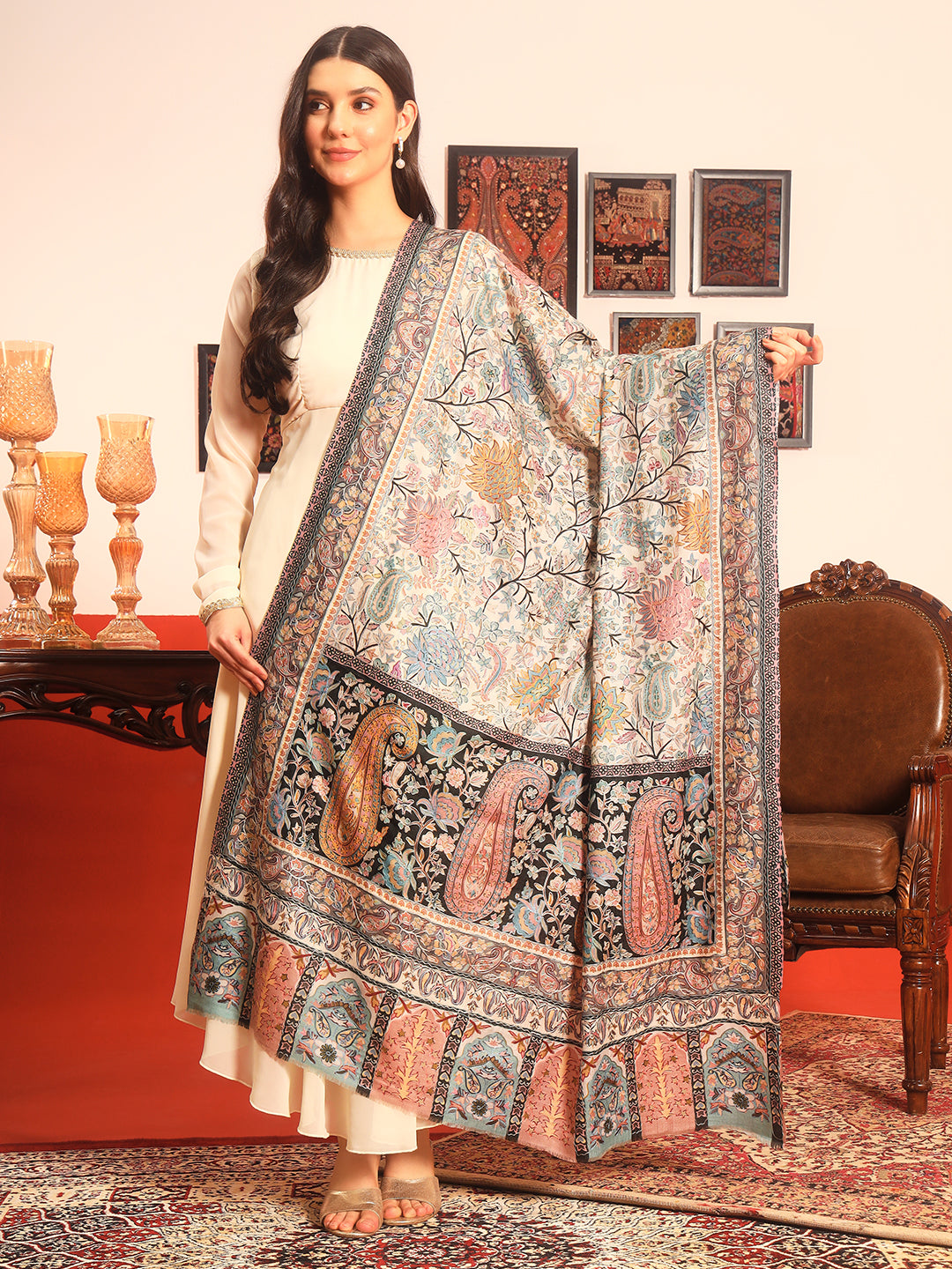 Pashmoda Women Guldasta Fine Wool Fabric Pashmina Kalamkari Embroidered Shawl (Size: 101x203 CM)