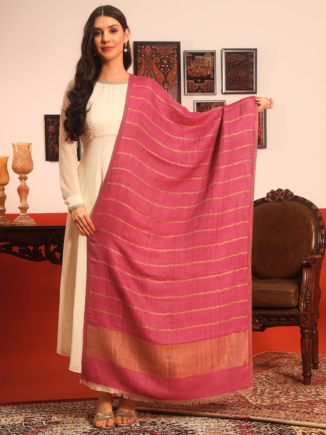 Pashmoda Women Parallel Grace Reversible Zari Moonlight Fine Wool Stole (Size: 71x203 Cm)