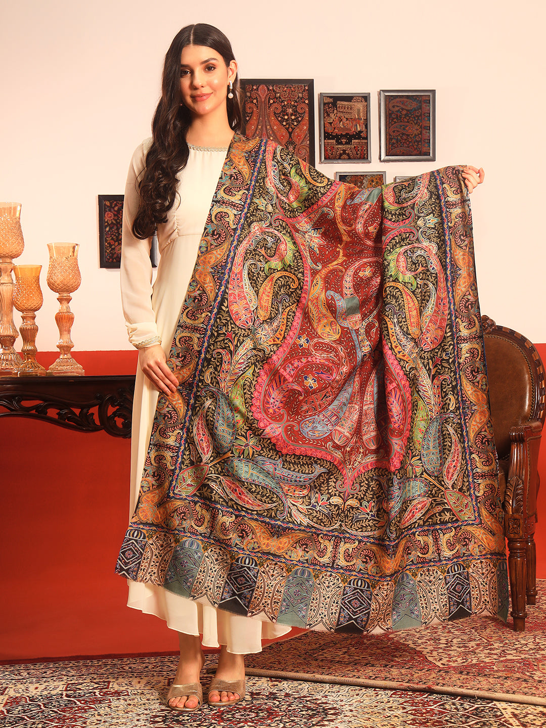 Pashmoda Women Daastaan Fine Wool Fabric Pashmina Kalamkari Embroidered Shawl (Size: 101x203 CM)