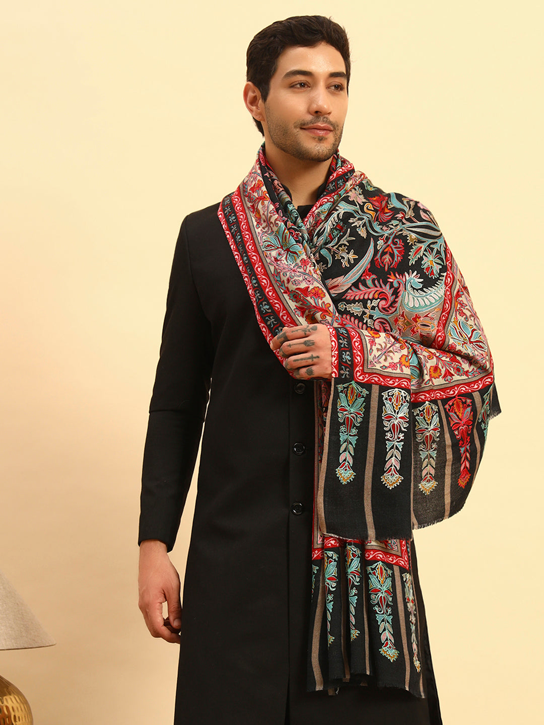 Pashmoda Men Rangkalam 100% Pure Wool Fabric Kalamkari Embroidered Shawl (Size: 101x203 CM)