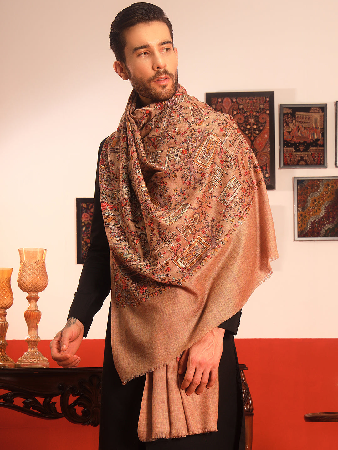 Pashmoda Men Arwina 100% Pure Wool Sozni Hand Embroidered Shawl (Size: 101x203 Cm)