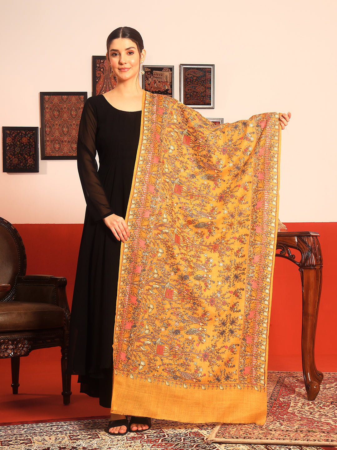 Pashmoda Women Naqsh 100% Pure Wool Sozni Hand Embroidered Stole (Size-71x203 Cm)