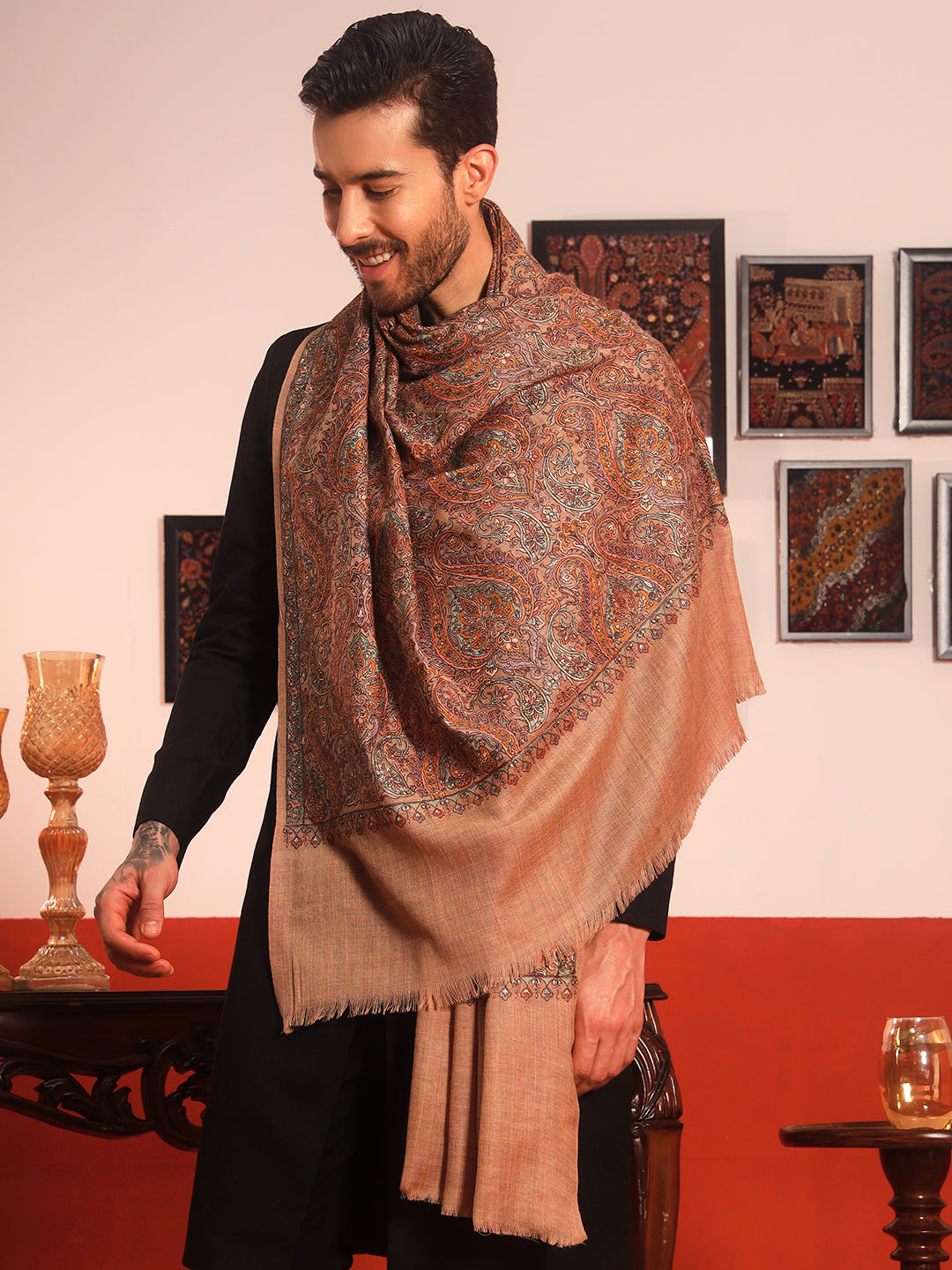 Pashmoda Men Rehnan 100% Pure Wool Sozni Hand Embroidered Shawl (Size: 101x203 Cm)