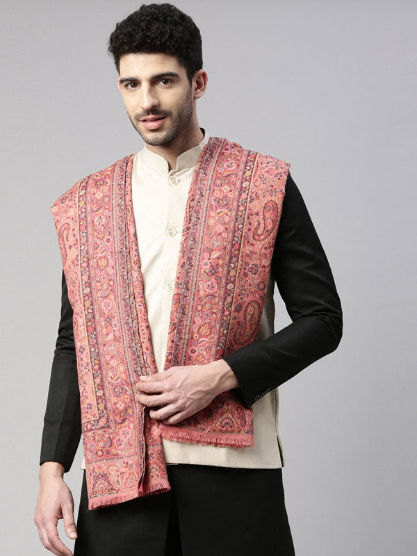 Men Gulzaar Kaani Woven Design Stole (Size 71X203 CM, Peach Color)