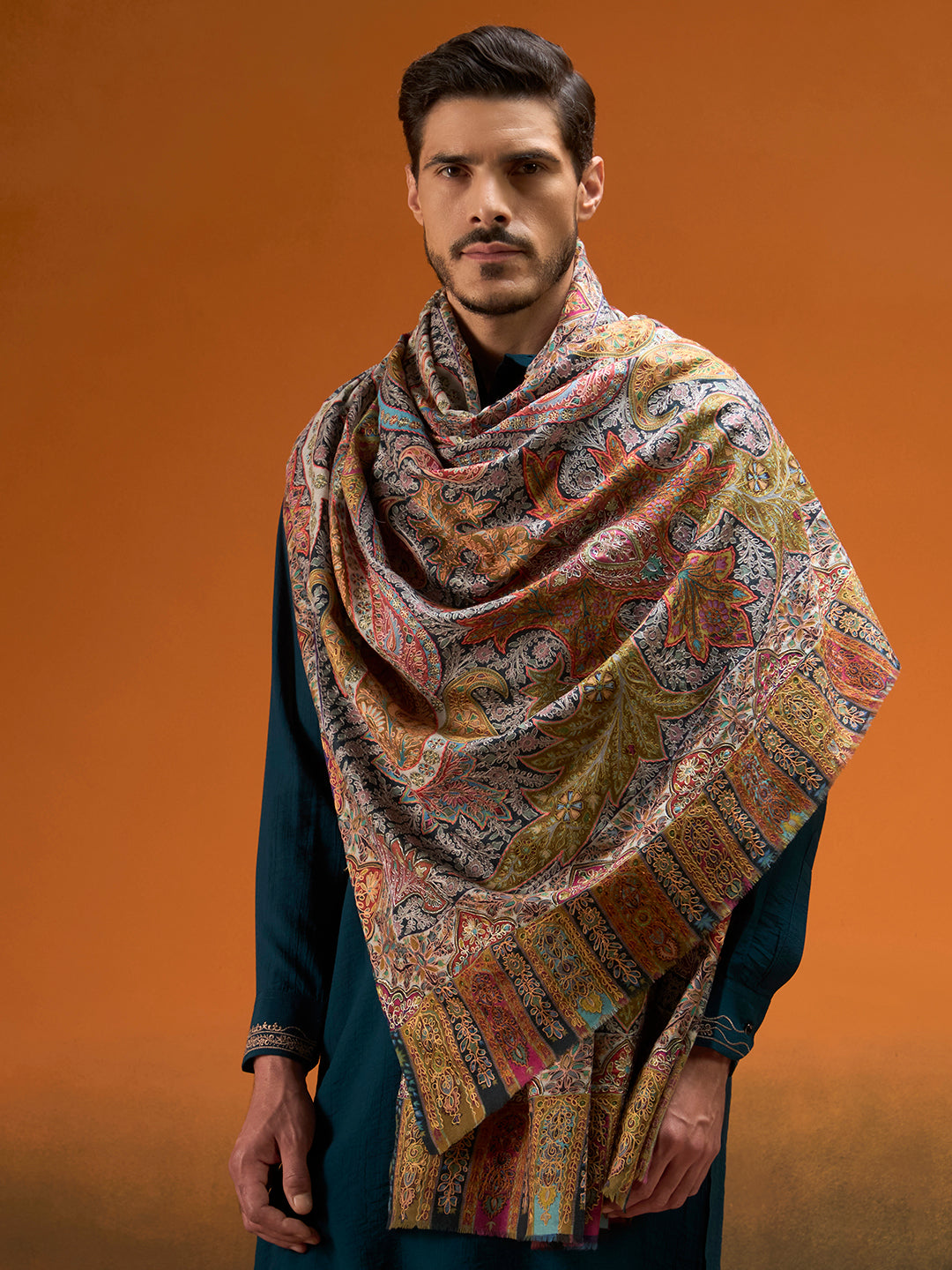 Men Stained Glass Fine Wool Kalamkari Embroidered Shawl