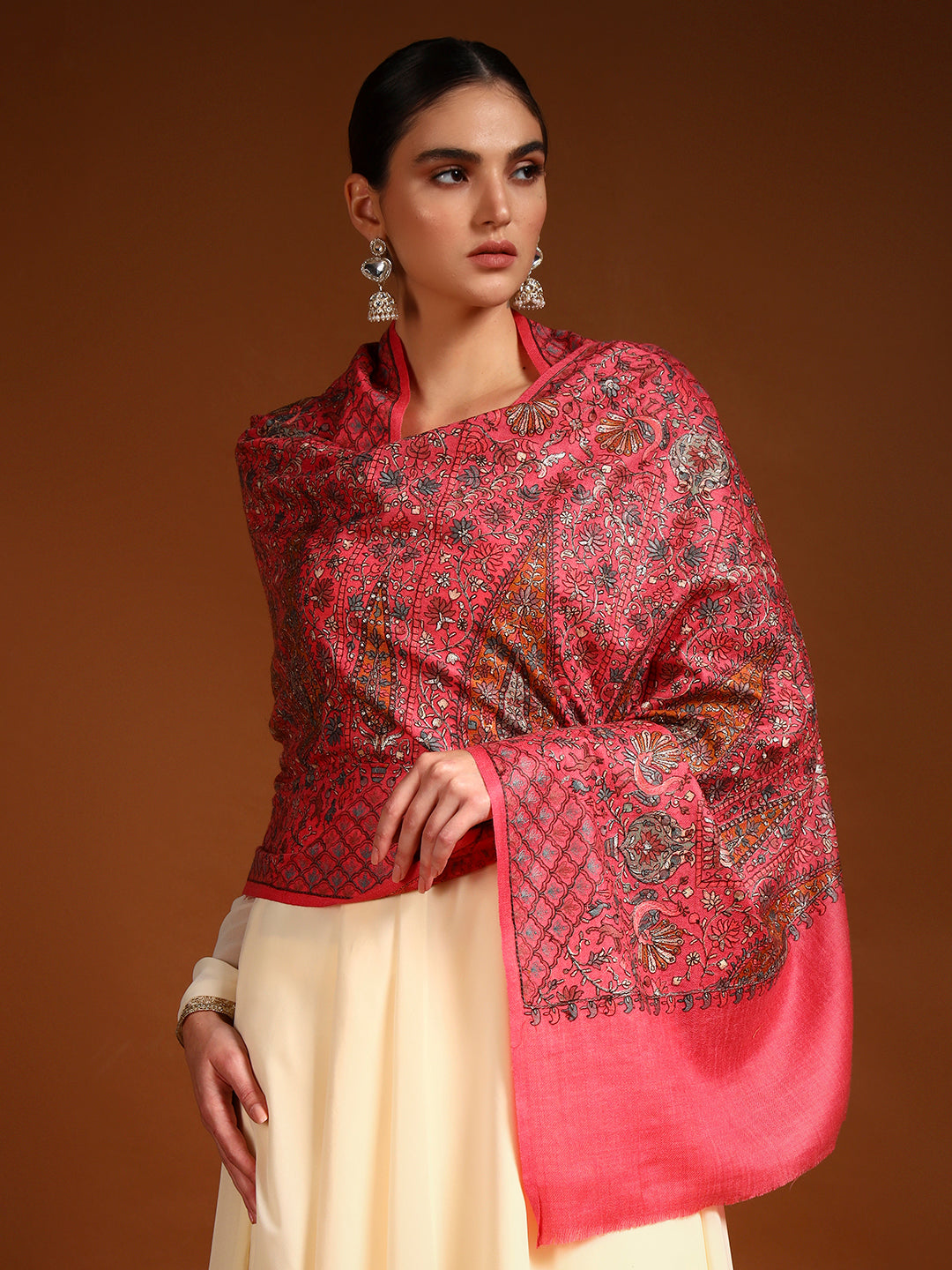 Pashmoda Women Nafeesah 100% Pure Wool Sozni Hand Embroidered Stole (Size-71x203cm)