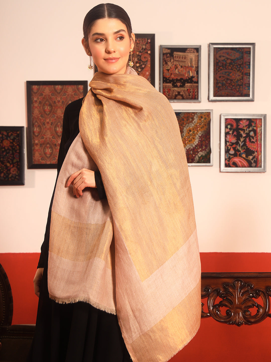 Pashmoda Women Midnight Bronze Reversible Zari Moonlight Fine Wool Stole (Size: 71x203 Cm)