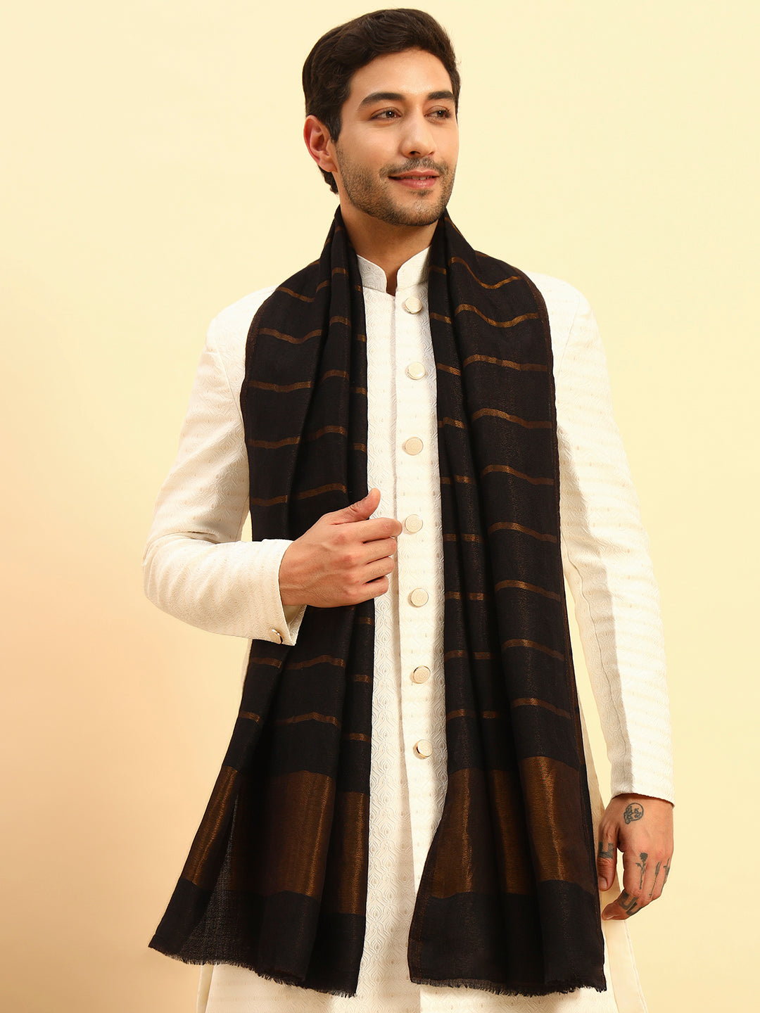 Pashmoda Men Parallel Grace Reversible Zari Moonlight Fine Wool Stole (Size: 71x203 Cm)