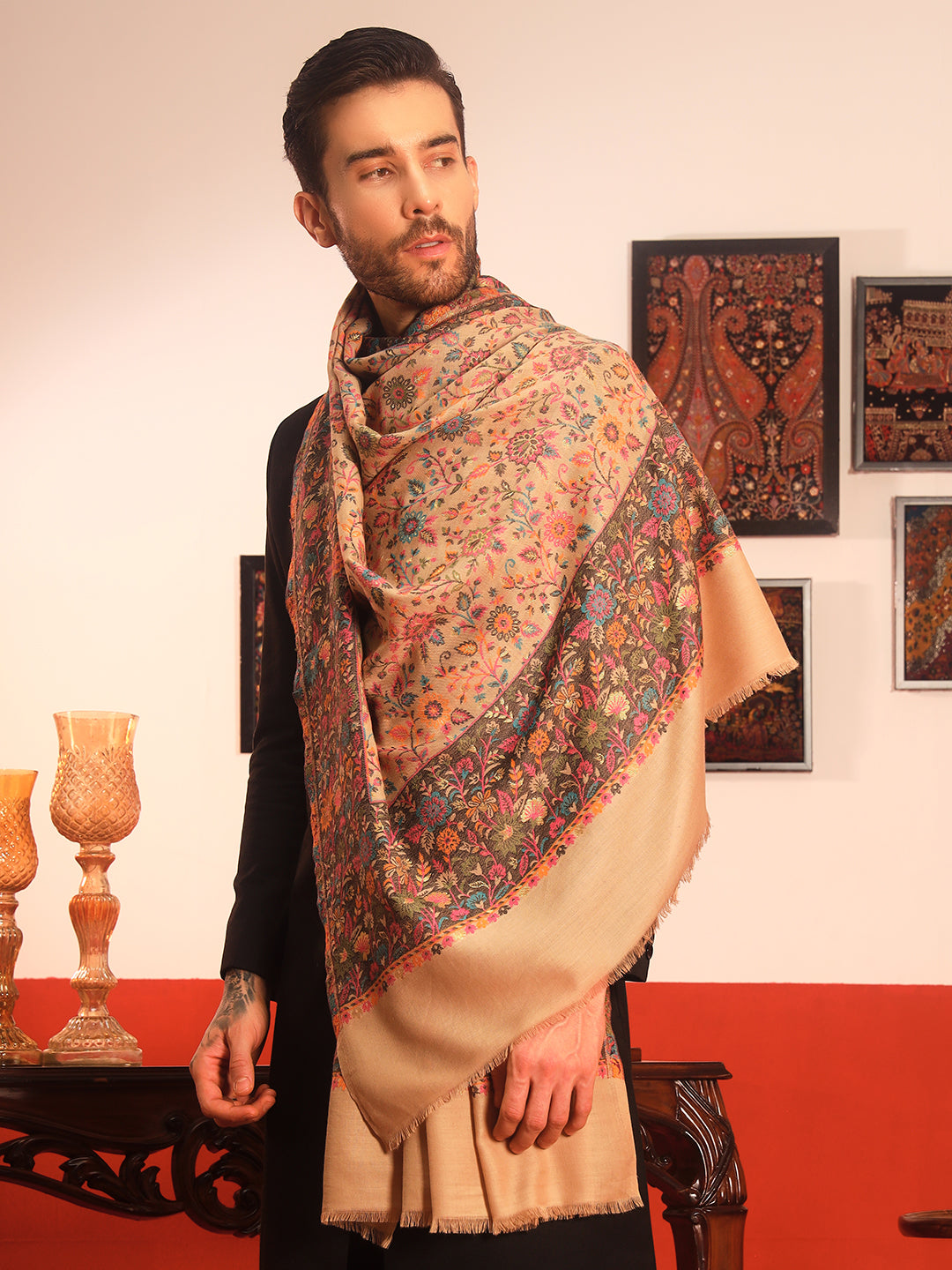 Pashmoda Men Meher Kaani Wool Blend Kashmiri Shawl (Size: 101X203 CM)