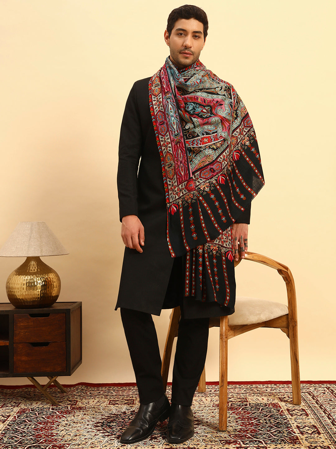 Pashmoda Men Rangrez Rangkalam 100% Pure Wool Fabric Kalamkari Embroidered Shawl (Size: 101x203 CM)