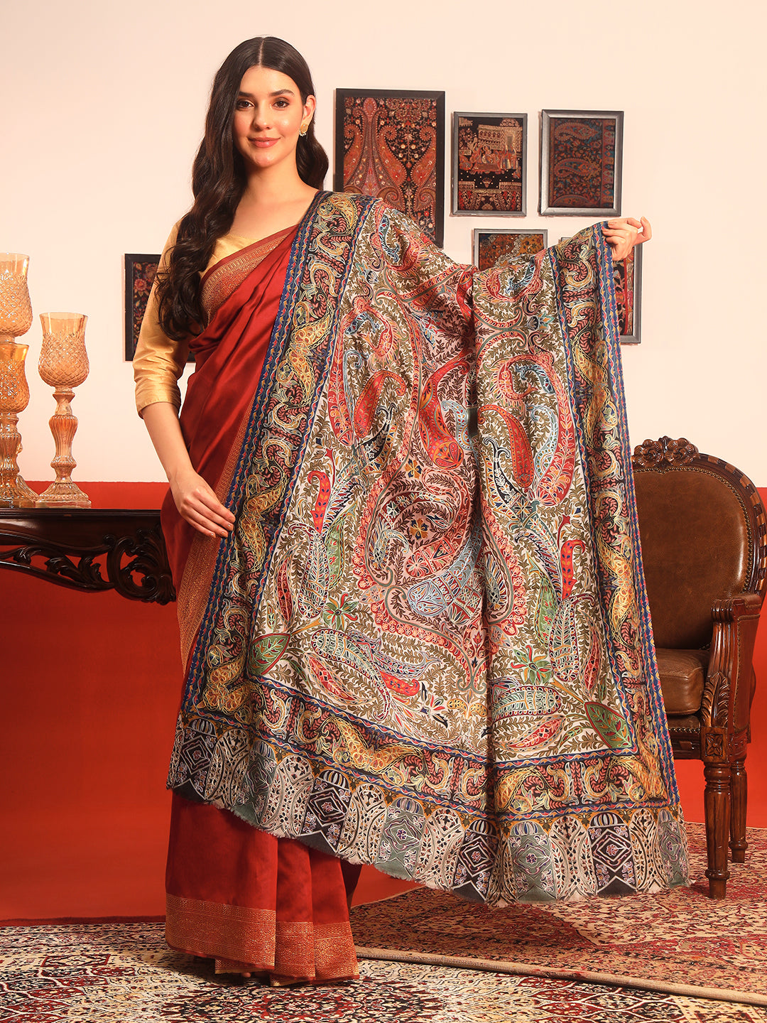 Pashmoda Women Rangmehal Fine Wool Fabric Pashmina Kalamkari Embroidered Shawl (Size: 101x203 CM)