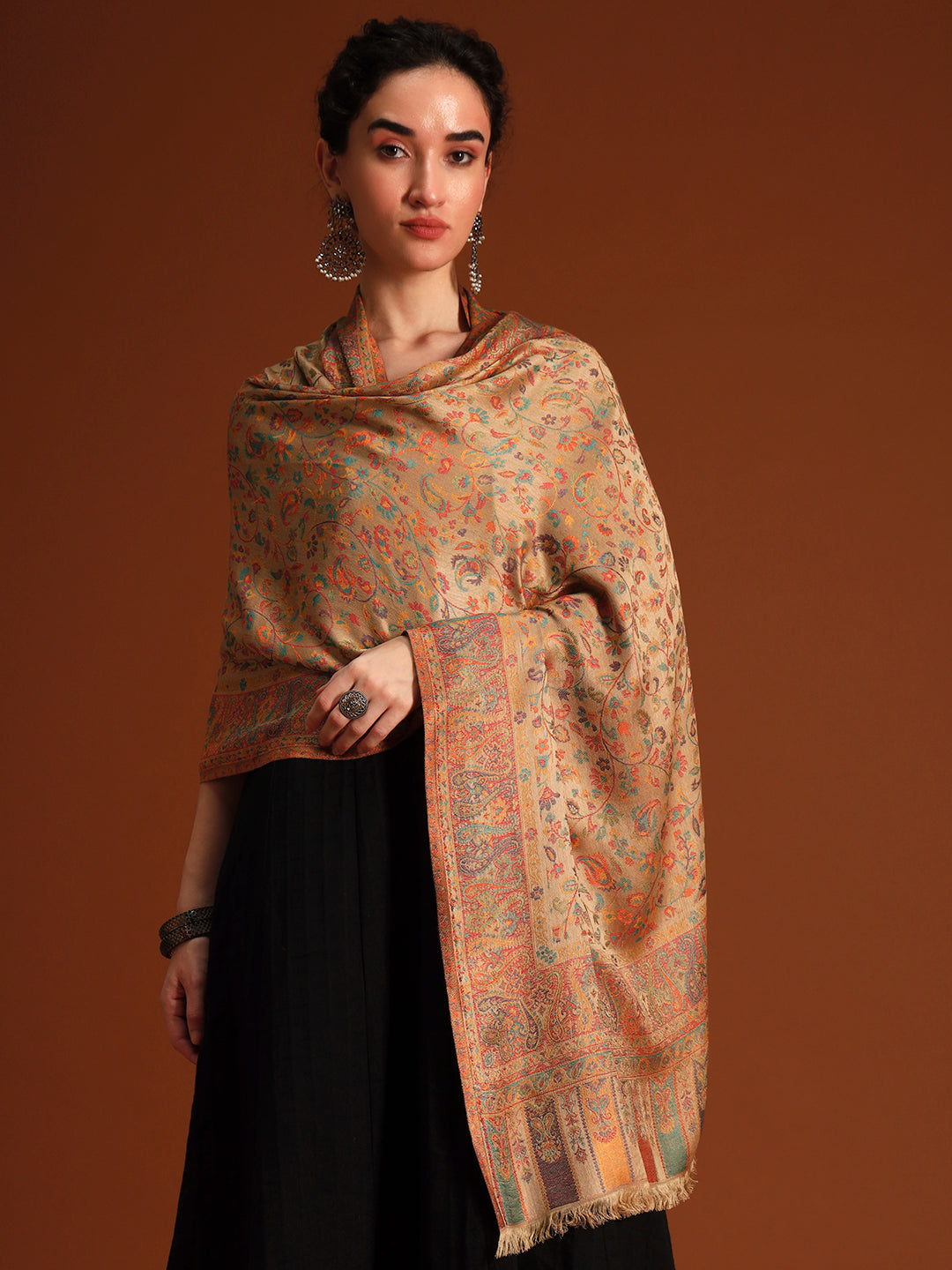 Pashmoda Imperial Royal botanica Stole for Women, Wool Blend Pashmina Style Shawl Wrap, Traditional Kashmiri Jamawar Woven Design, Luxury Evening & Festive Scarf (28 x 80 Inches)