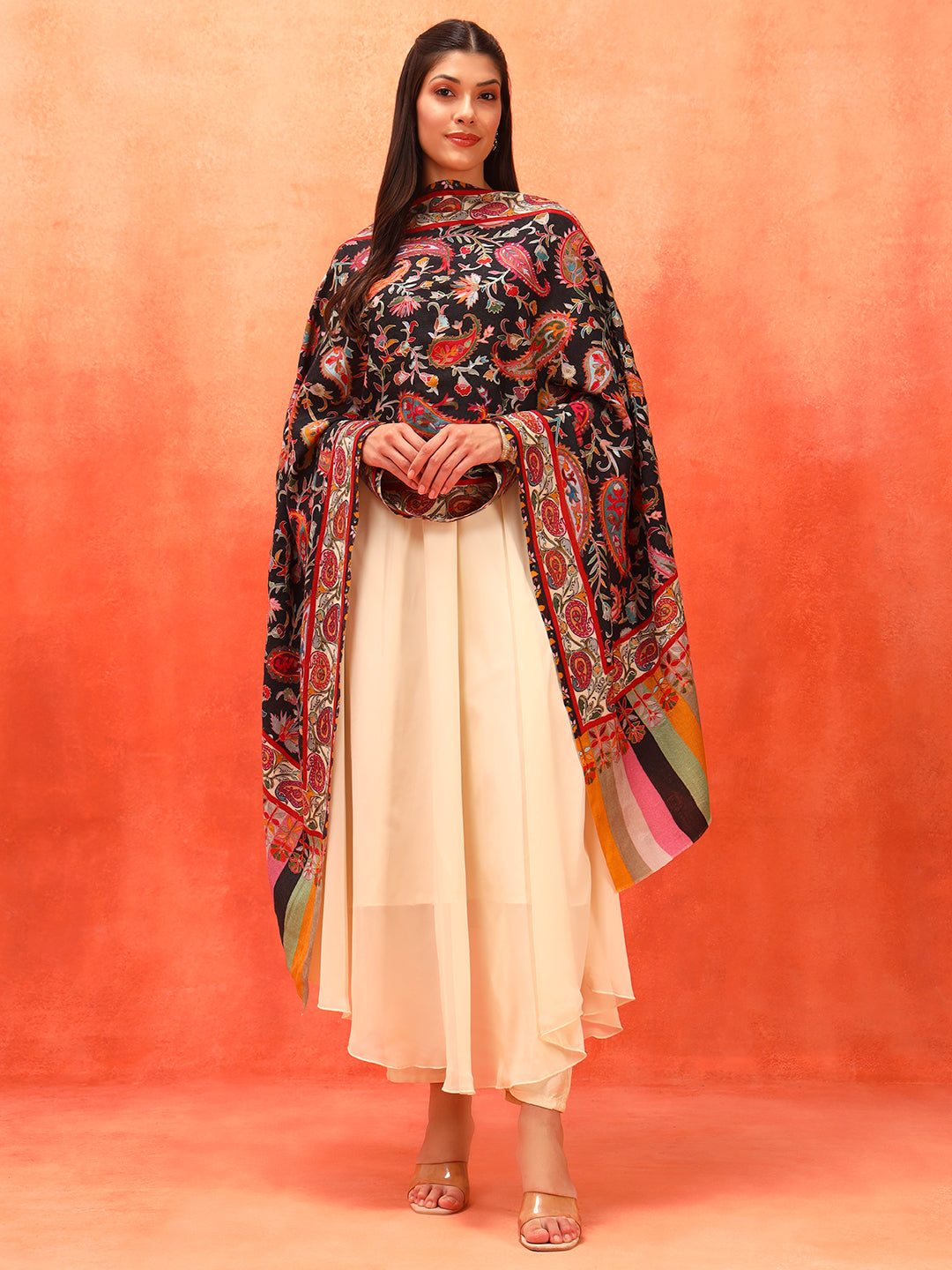 Pashmoda Women Floral Whispers 100% Pure Wool Fabric Kalamkari Embroidered Stole (Size: 71x203 cm)