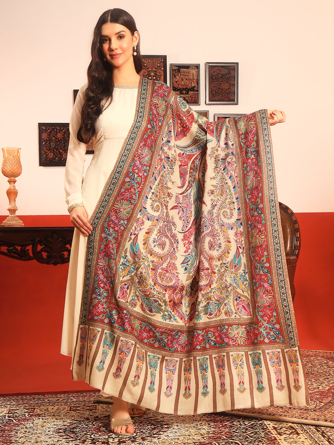 Pashmoda Women Rangkalam 100% Pure Wool Fabric Kalamkari Embroidered Shawl (Size: 101x203 CM)