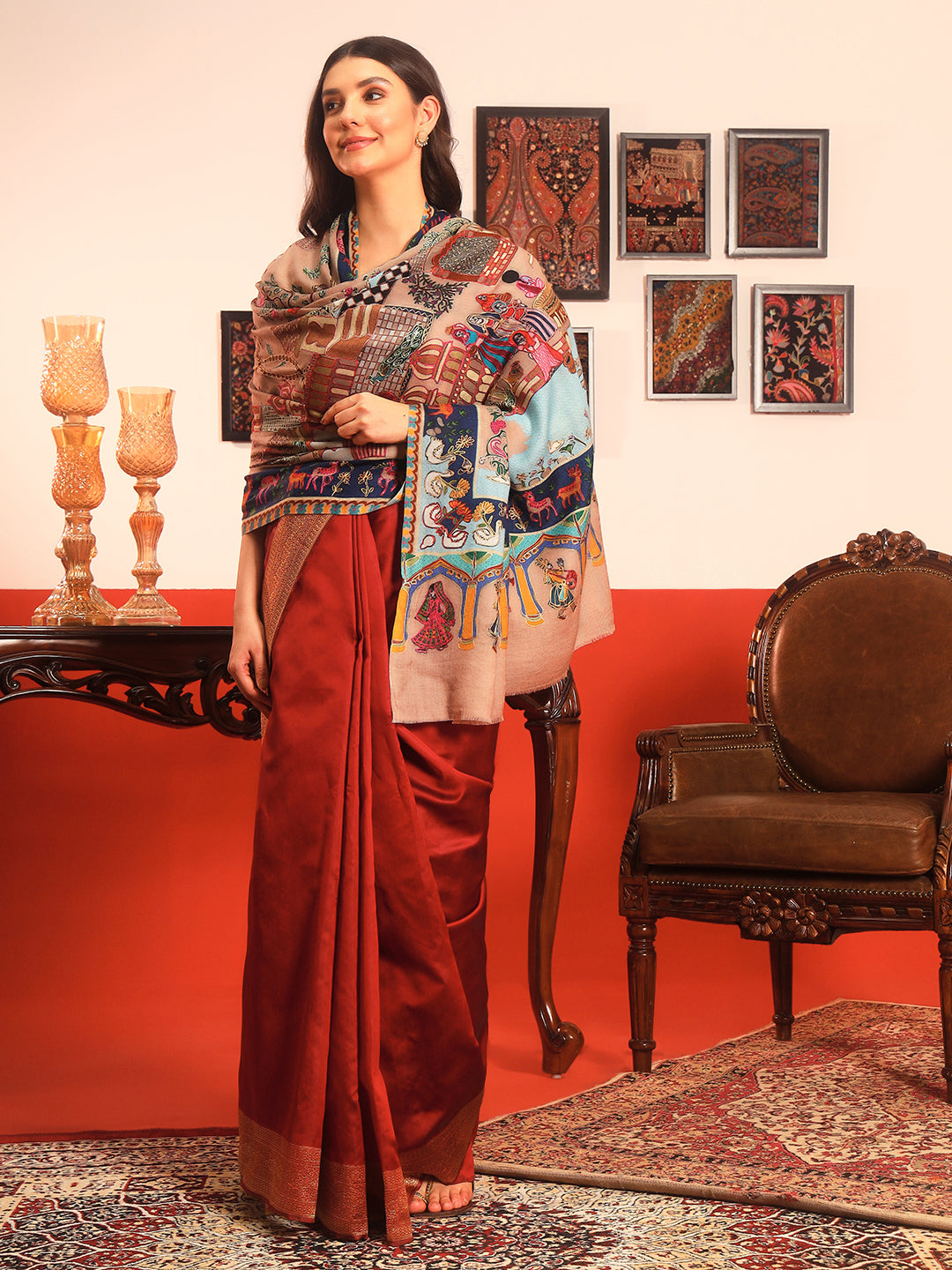 Pashmoda Women Mughal Bagh 100% Pure Wool Fabric Kalamkari Embroidered Shawl (Size: 101x203cm)