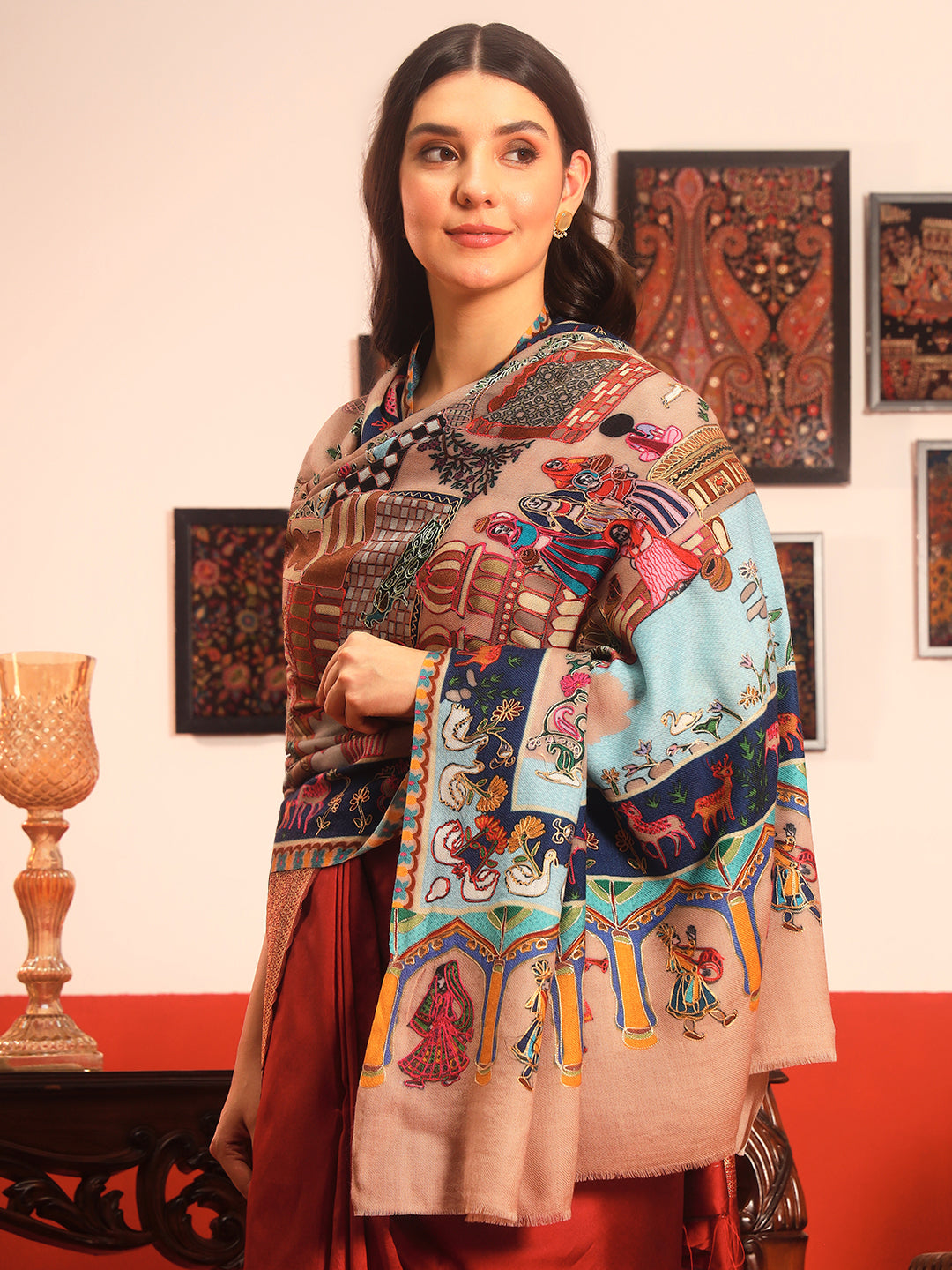 Pashmoda Women Mughal Bagh 100% Pure Wool Fabric Kalamkari Embroidered Shawl (Size: 101x203cm)