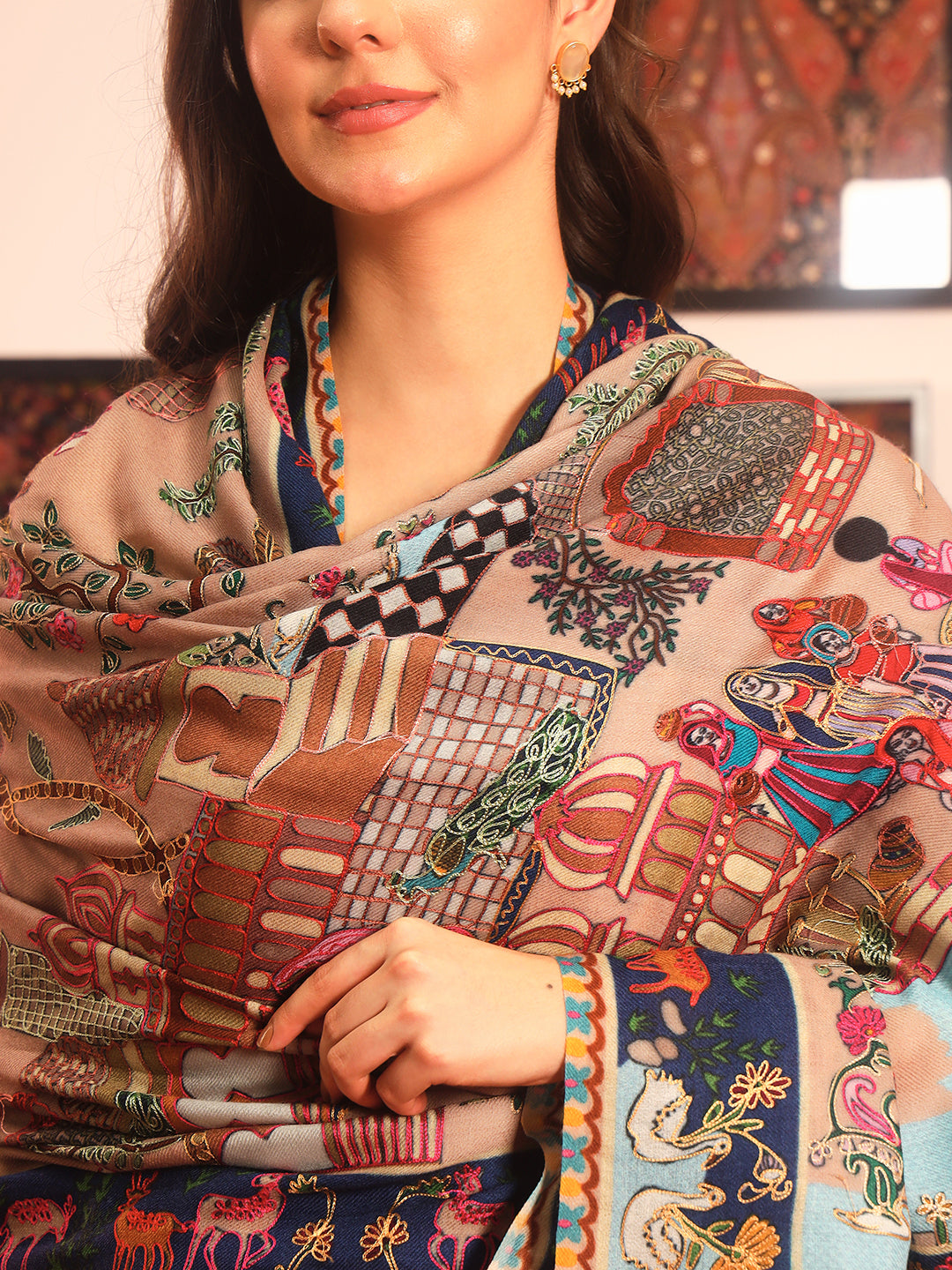 Pashmoda Women Mughal Bagh 100% Pure Wool Fabric Kalamkari Embroidered Shawl (Size: 101x203cm)