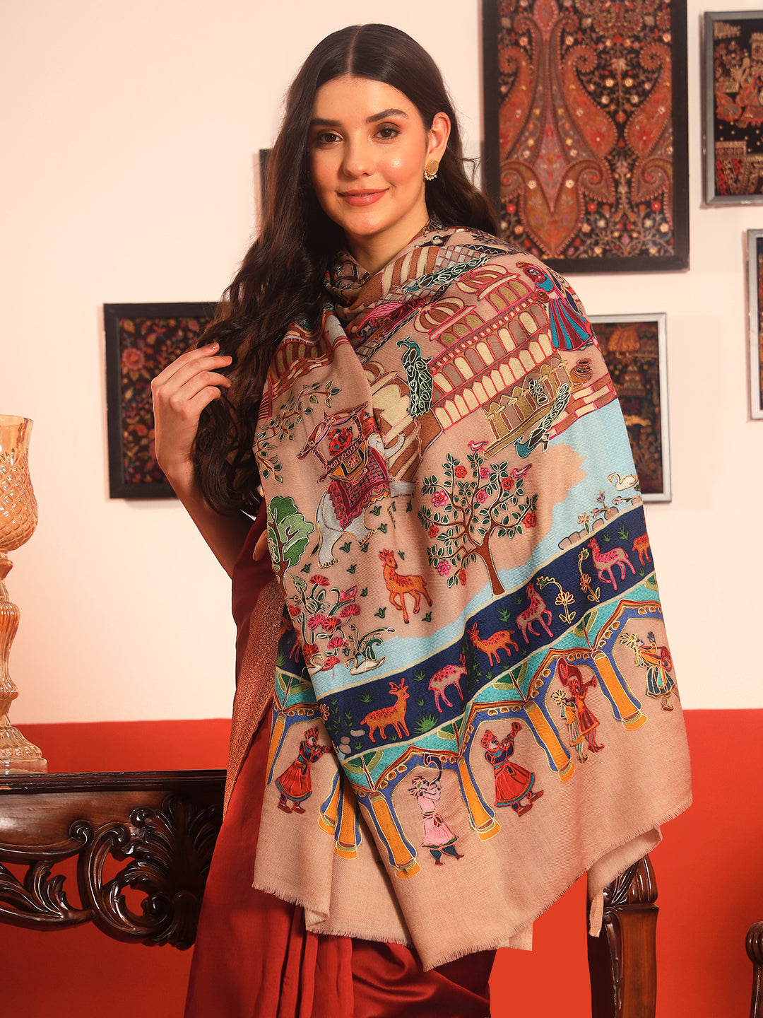 Pashmoda Women Mughal Bagh 100% Pure Wool Fabric Kalamkari Embroidered Shawl (Size: 101x203cm)