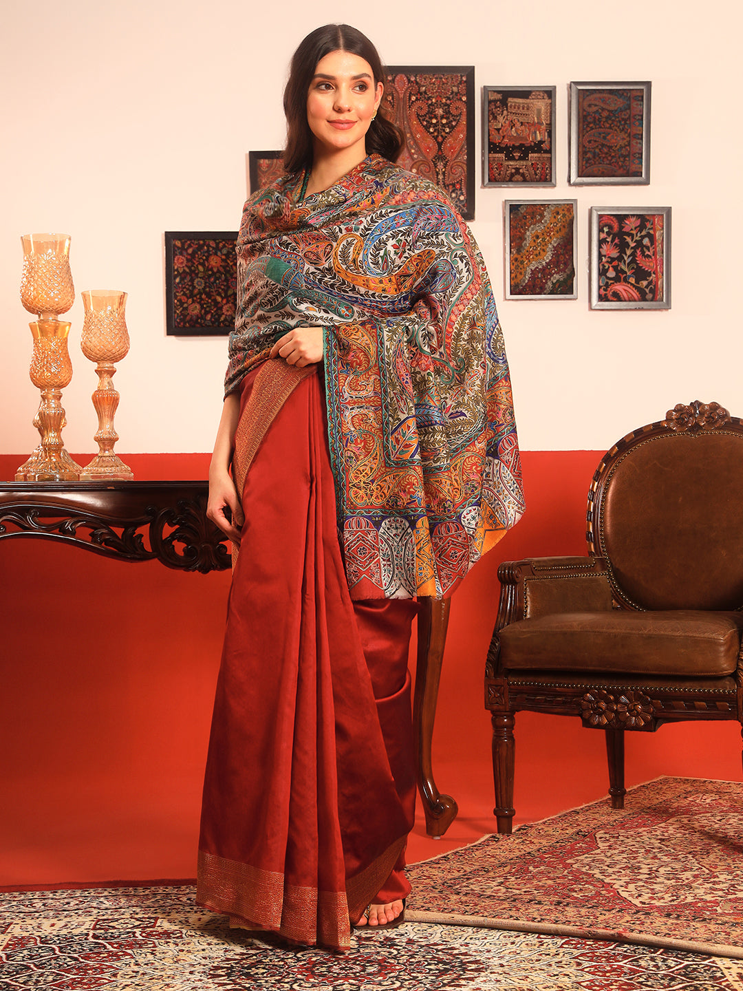 Pashmoda Women Rangmehal Fine Wool Fabric Pashmina Kalamkari Embroidered Shawl (Size: 101x203 CM)