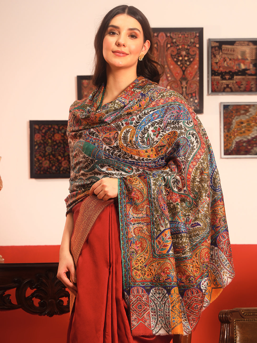 Pashmoda Women Rangmehal Fine Wool Fabric Pashmina Kalamkari Embroidered Shawl (Size: 101x203 CM)