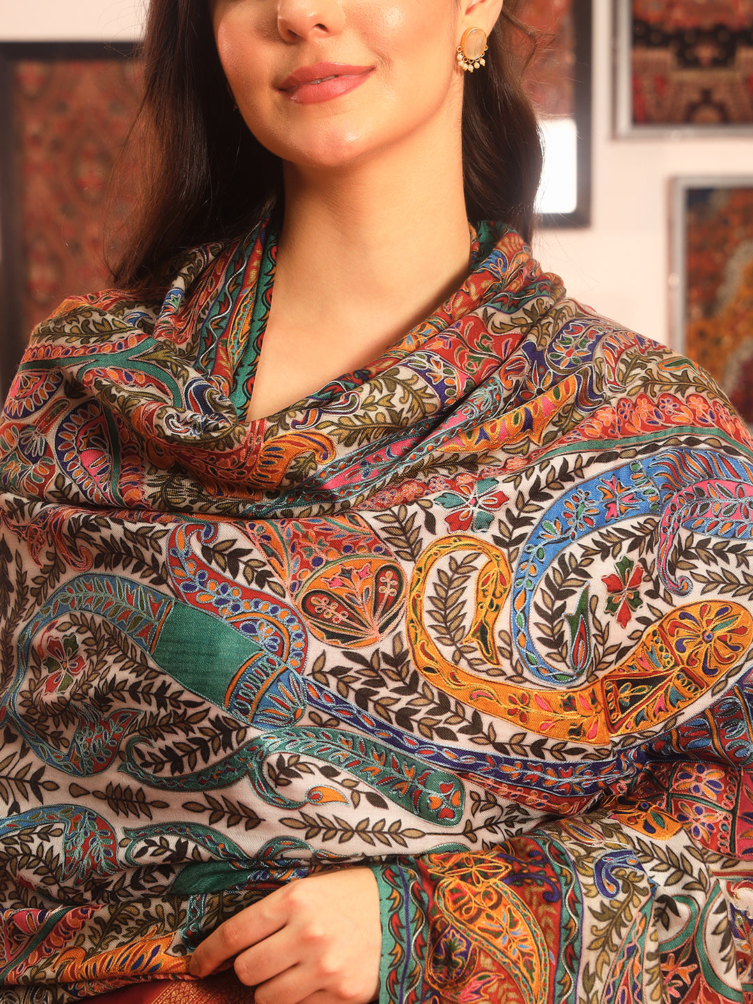 Pashmoda Women Rangmehal Fine Wool Fabric Pashmina Kalamkari Embroidered Shawl (Size: 101x203 CM)